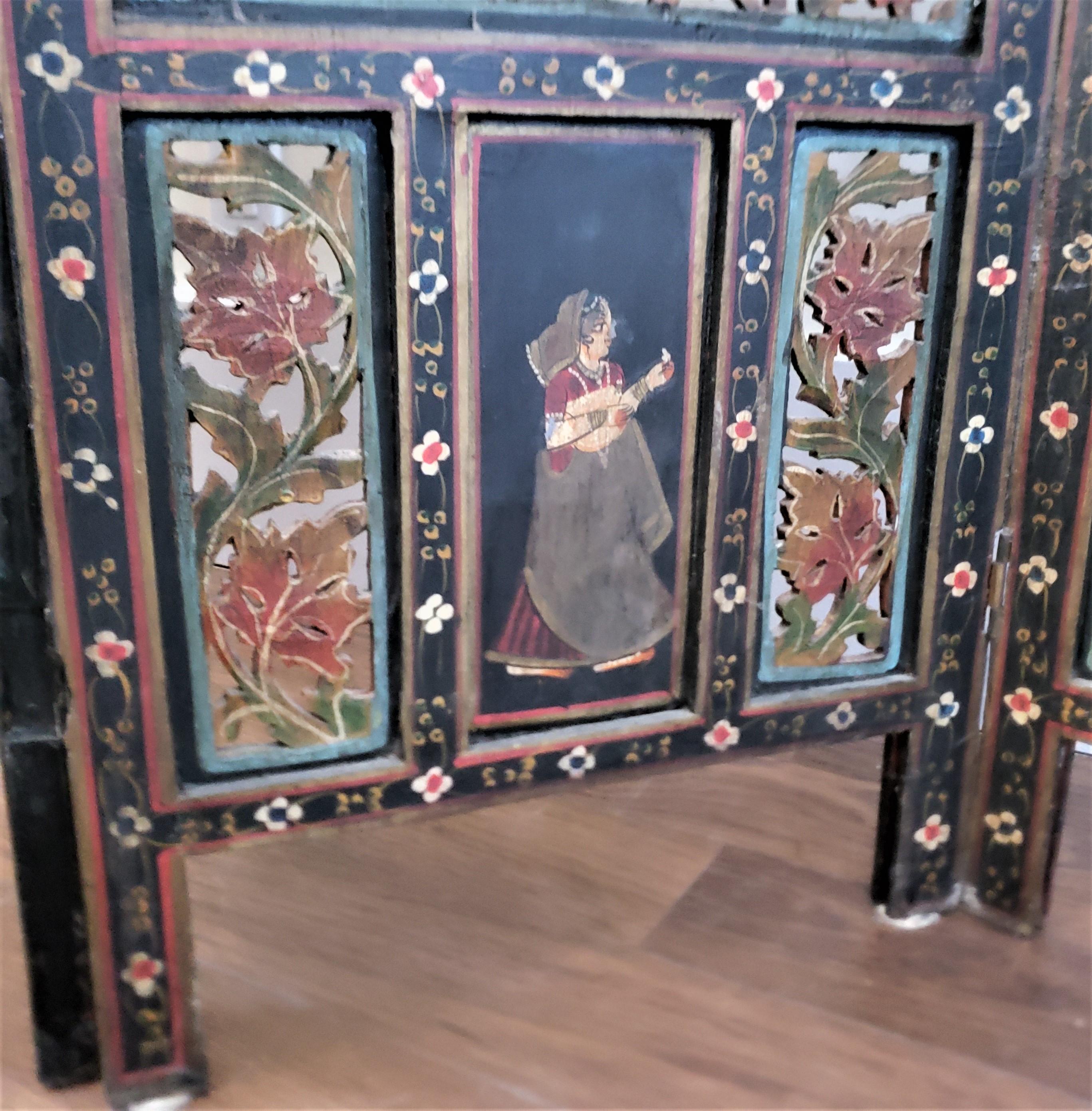 Antique Anglo-Indian Hand-Painted Wooden Four Panel Screen or Room Divider For Sale 3