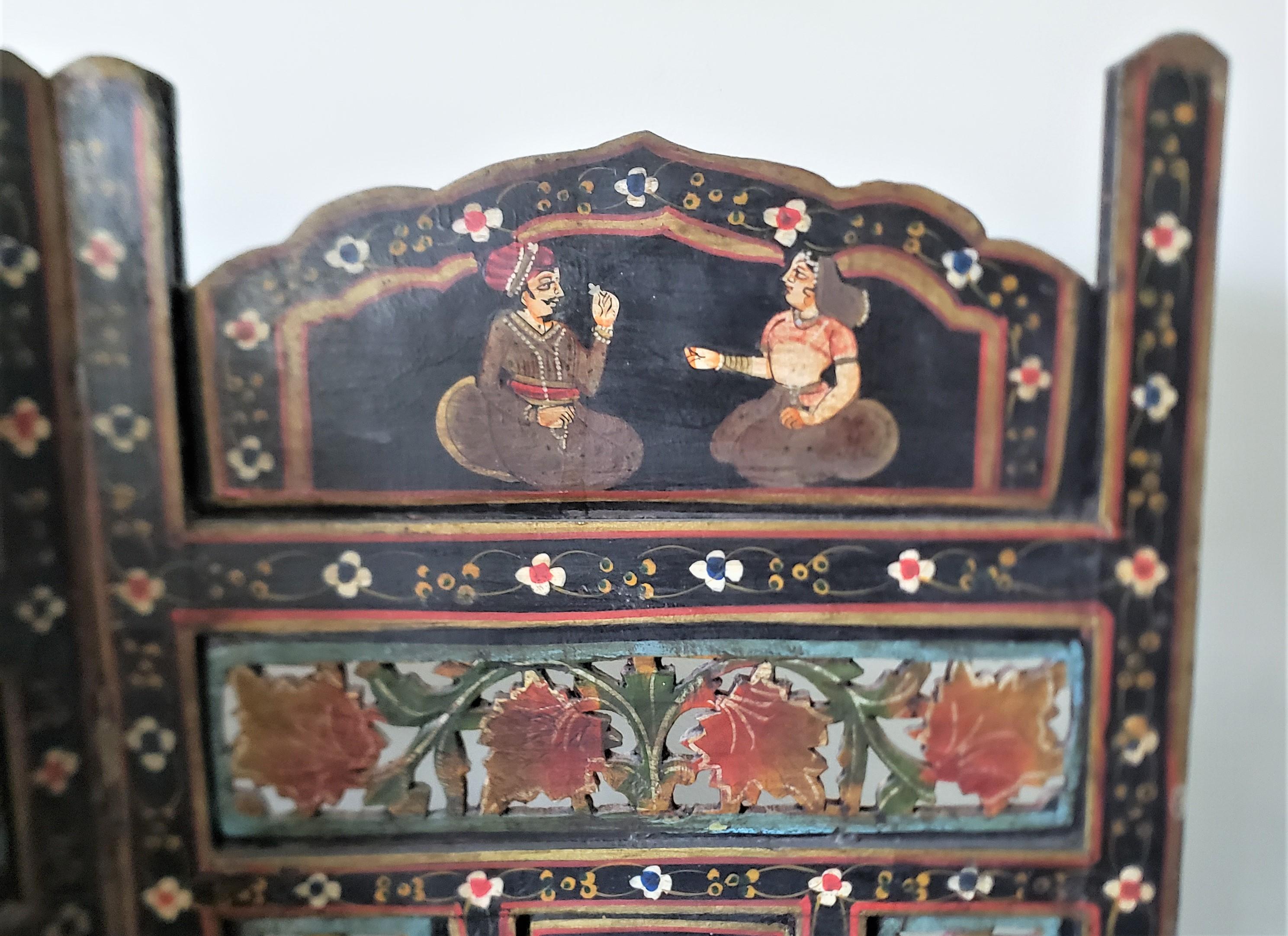 Hand-Crafted Antique Anglo-Indian Hand-Painted Wooden Four Panel Screen or Room Divider For Sale