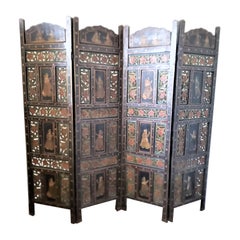 Paravent ou sparateur de pice anglo-indien ancien  quatre panneaux en bois peint  la main
