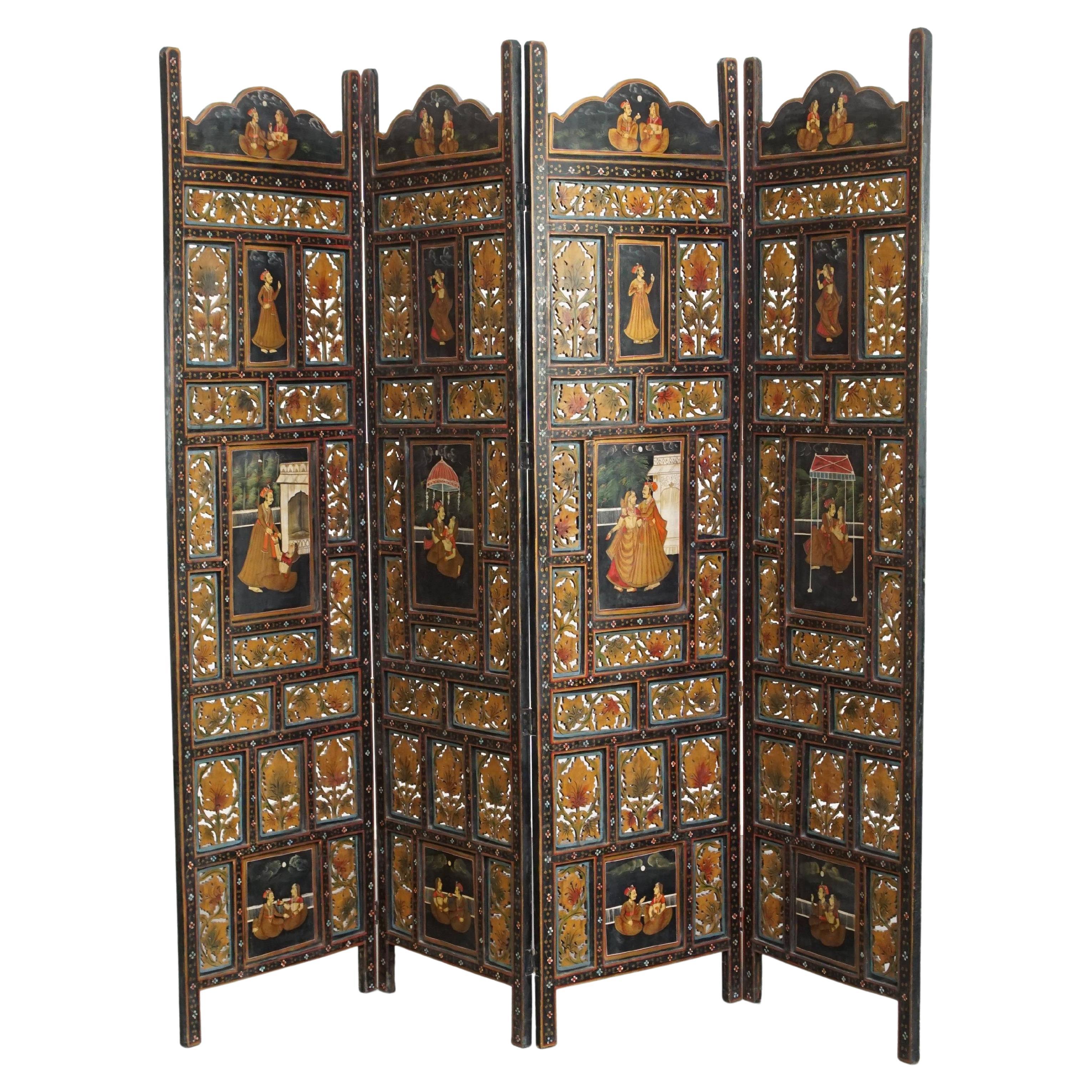 Antique Anglo-Indian Hand-Painted Wooden Room Divider from the Late 19th Century