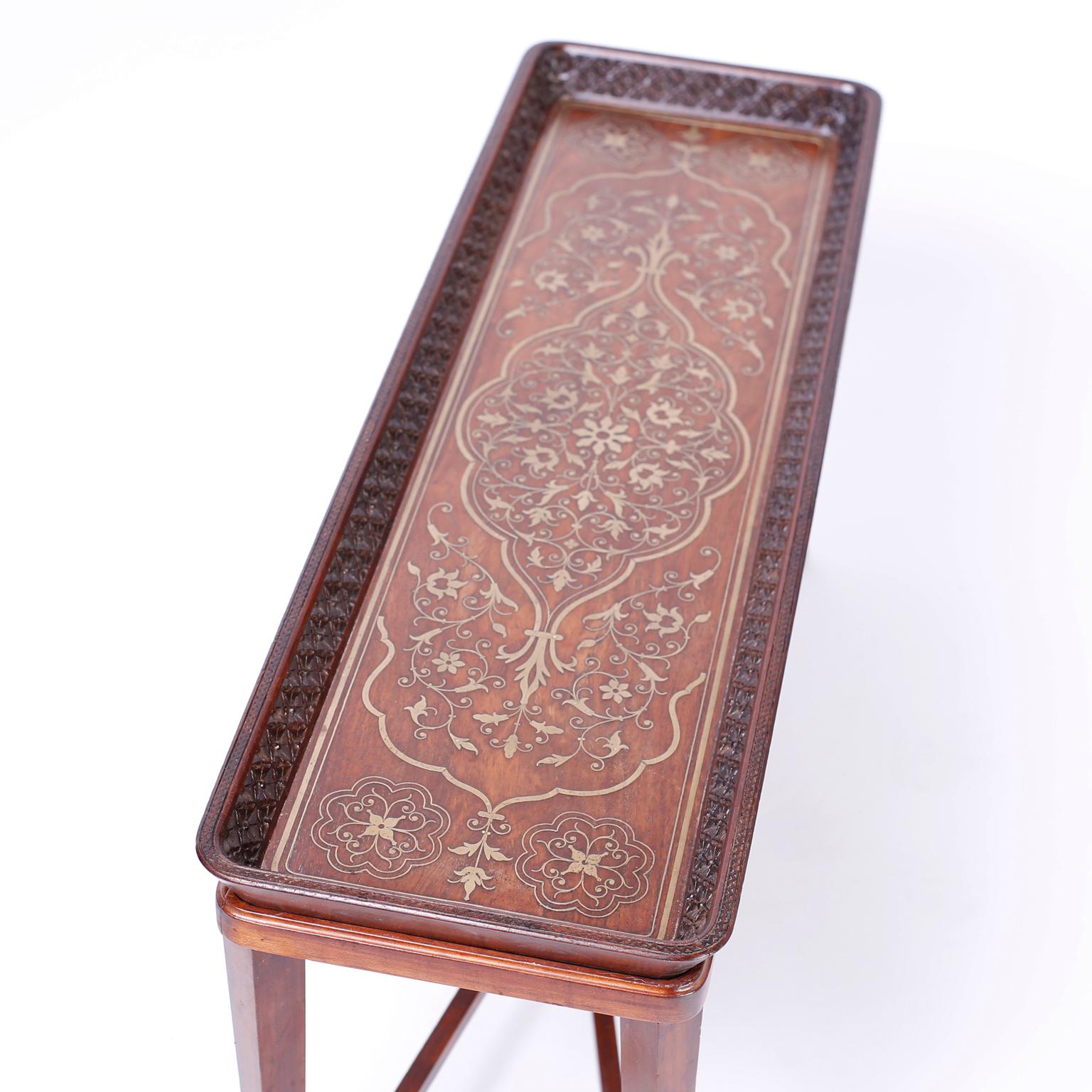 Antique Anglo-Indian Inlaid Mahogany Tray on Later Base In Good Condition In Palm Beach, FL