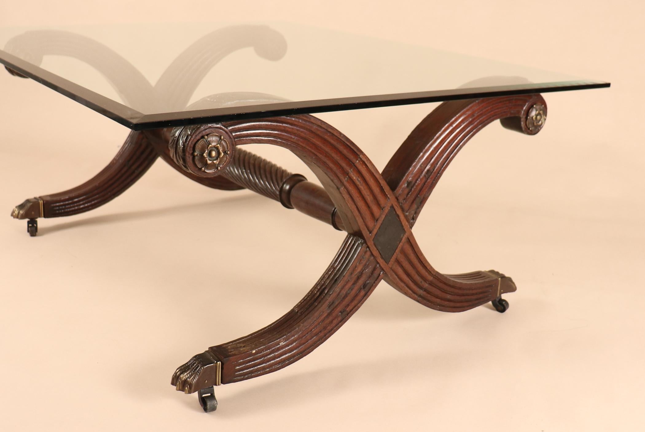 Beveled Antique Anglo-Indian Mahogany Coffee Table with Glass Top For Sale