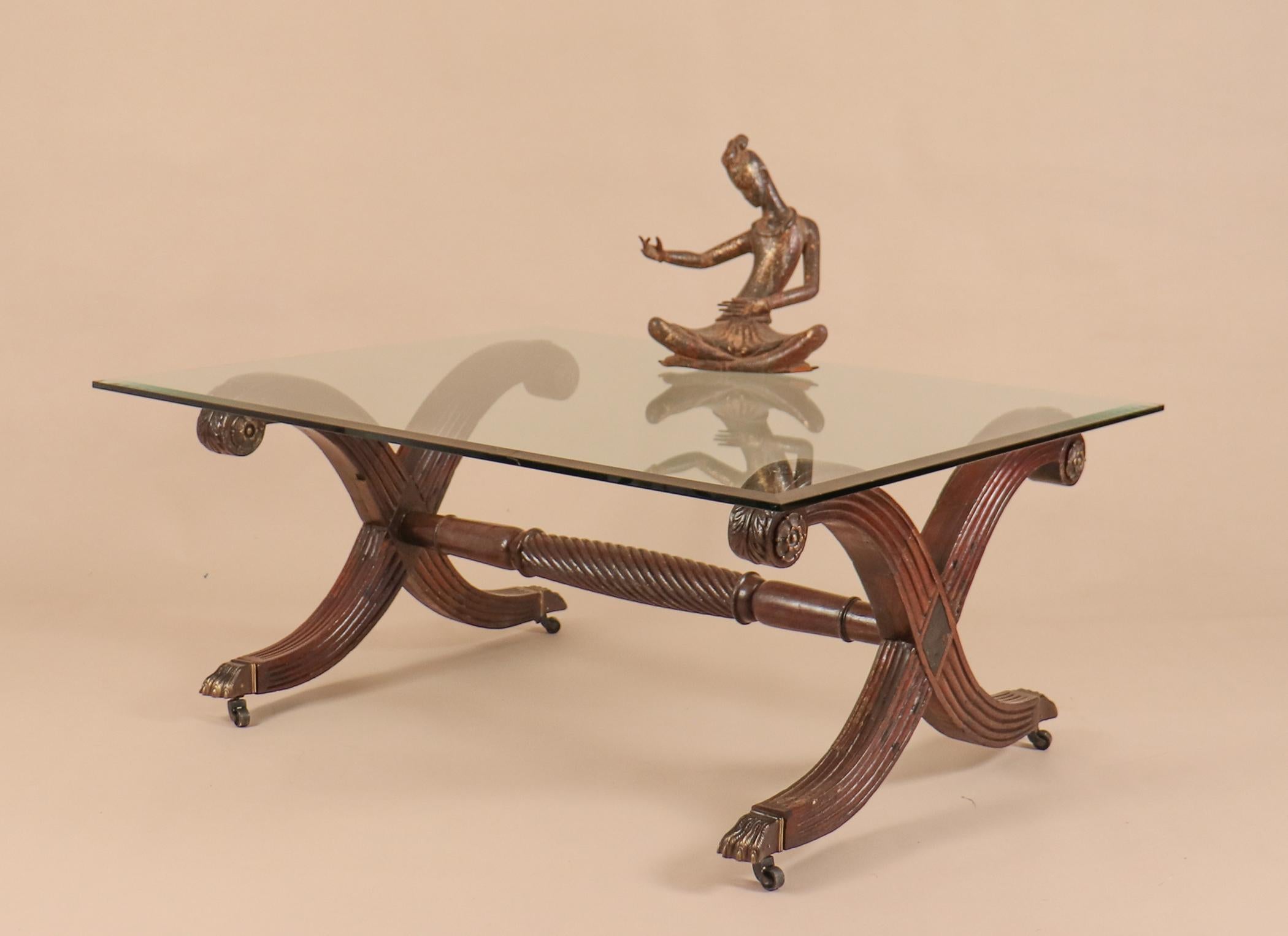 Antique Anglo-Indian Mahogany Coffee Table with Glass Top In Good Condition For Sale In Heath, MA