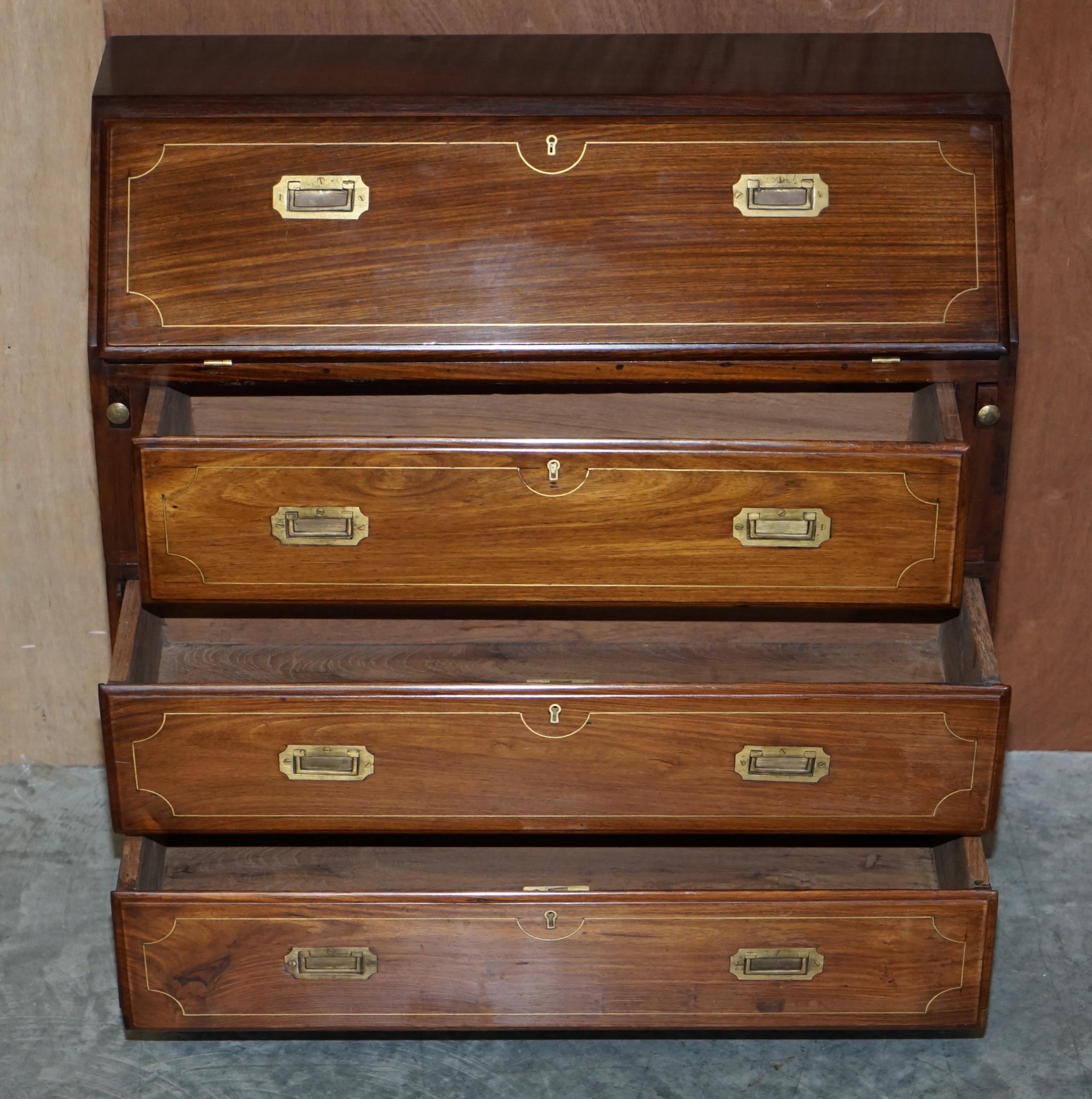 Antique Anglo Indian Military Campaign Camphor Wood & Brass Bureau Desk Drawers For Sale 12
