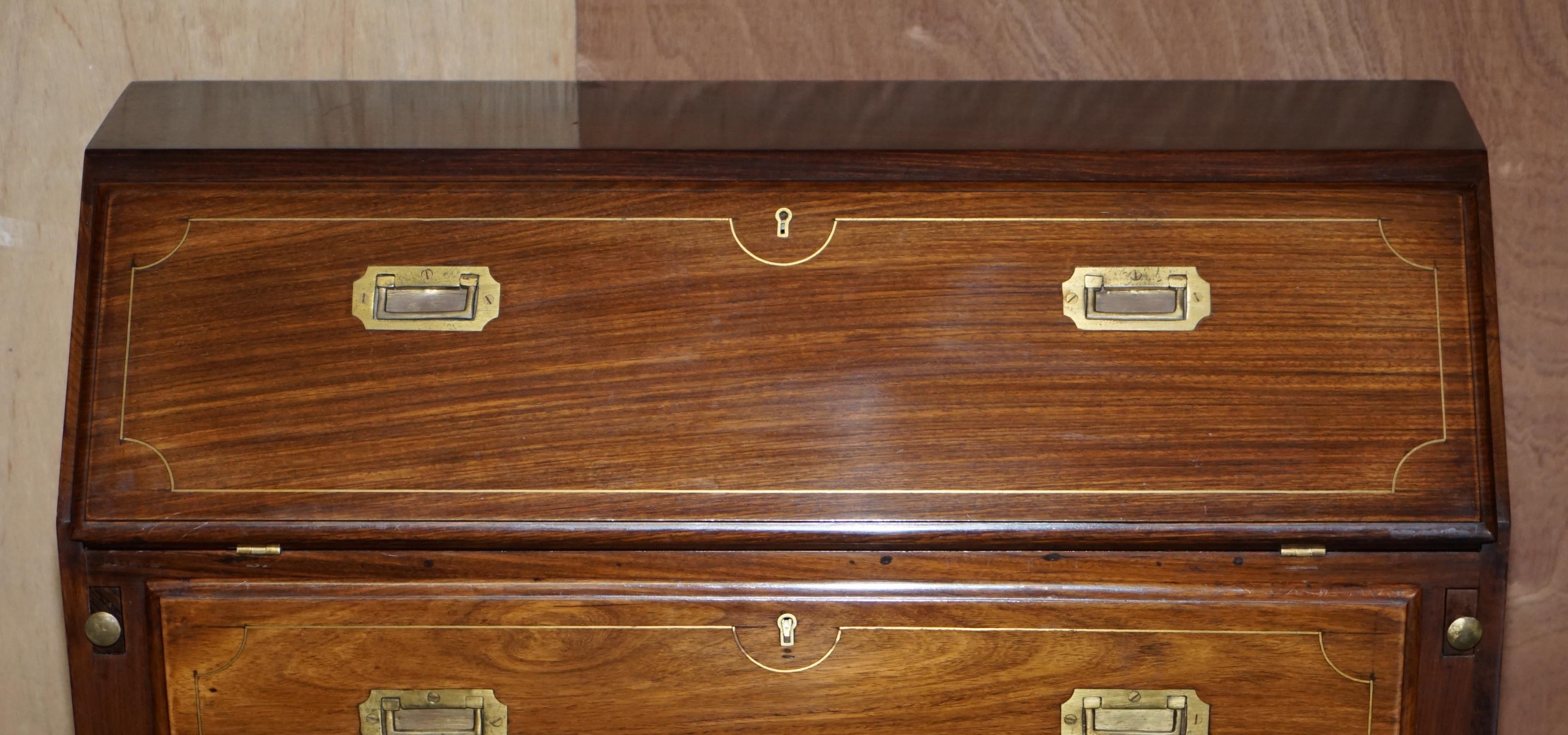 19th Century Antique Anglo Indian Military Campaign Camphor Wood & Brass Bureau Desk Drawers For Sale