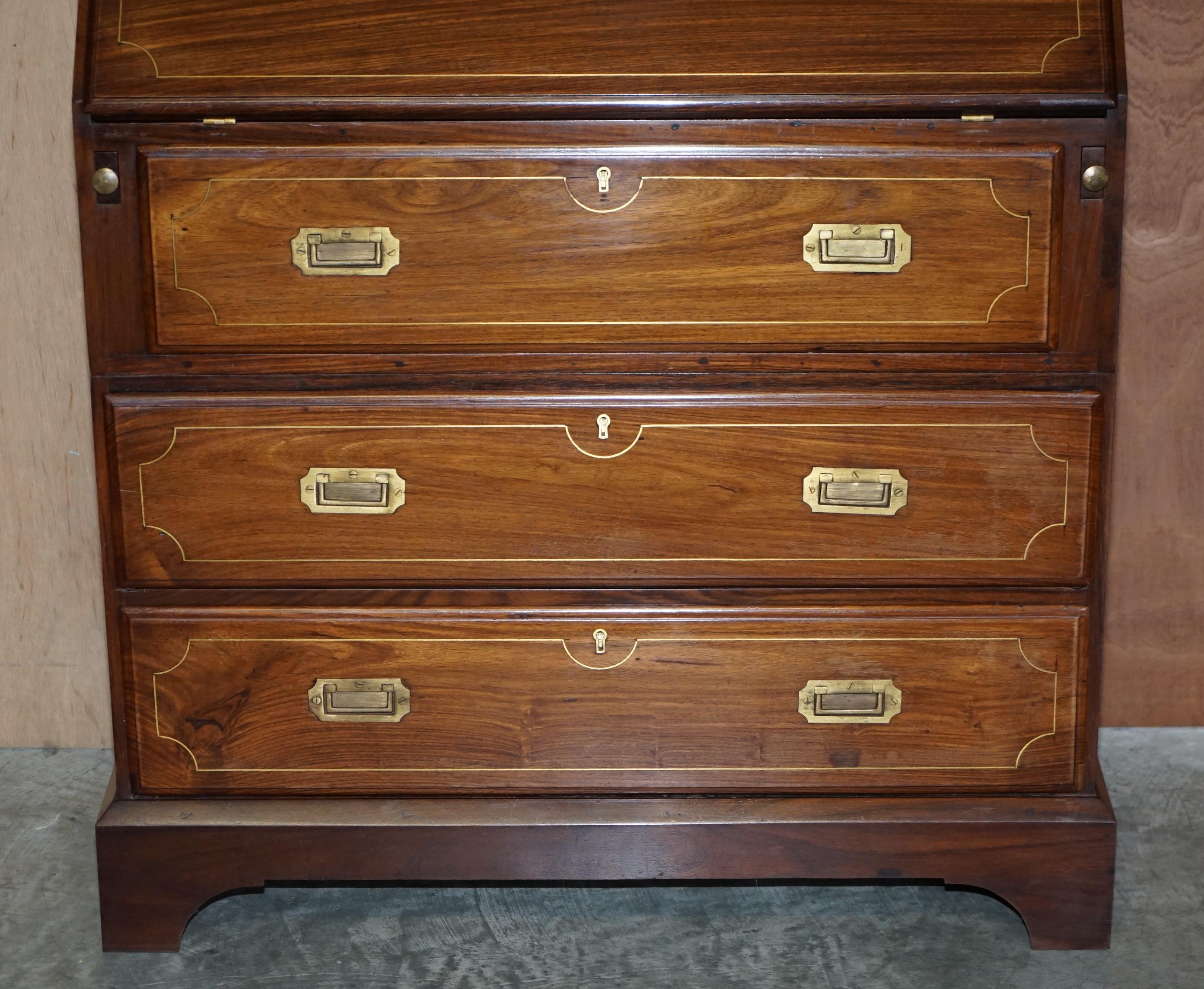 Antique Anglo Indian Military Campaign Camphor Wood & Brass Bureau Desk Drawers For Sale 1