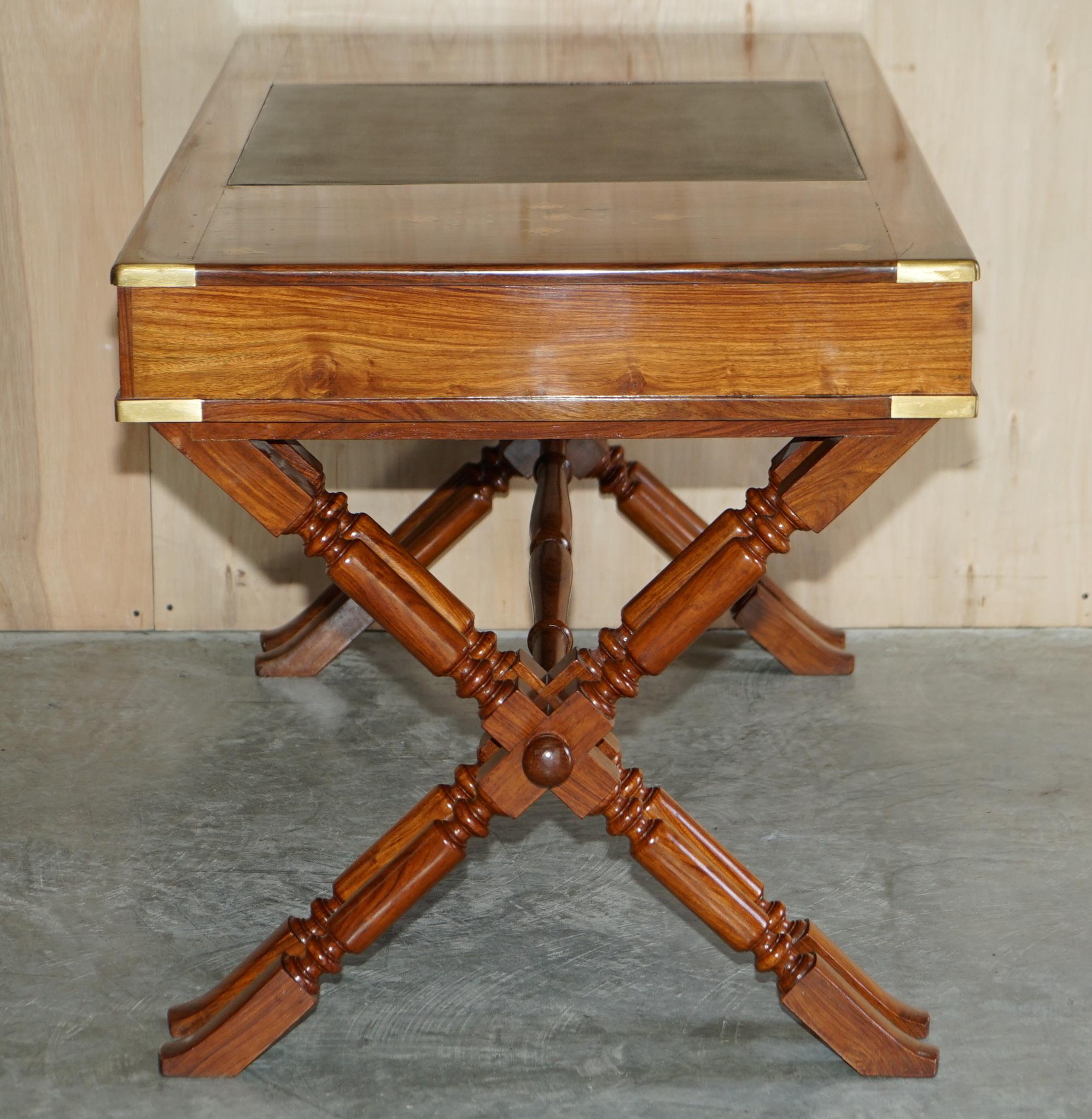 Antique Anglo Indian Military Campaign Trestle Desk & Armchair Hardwood & Brass For Sale 7