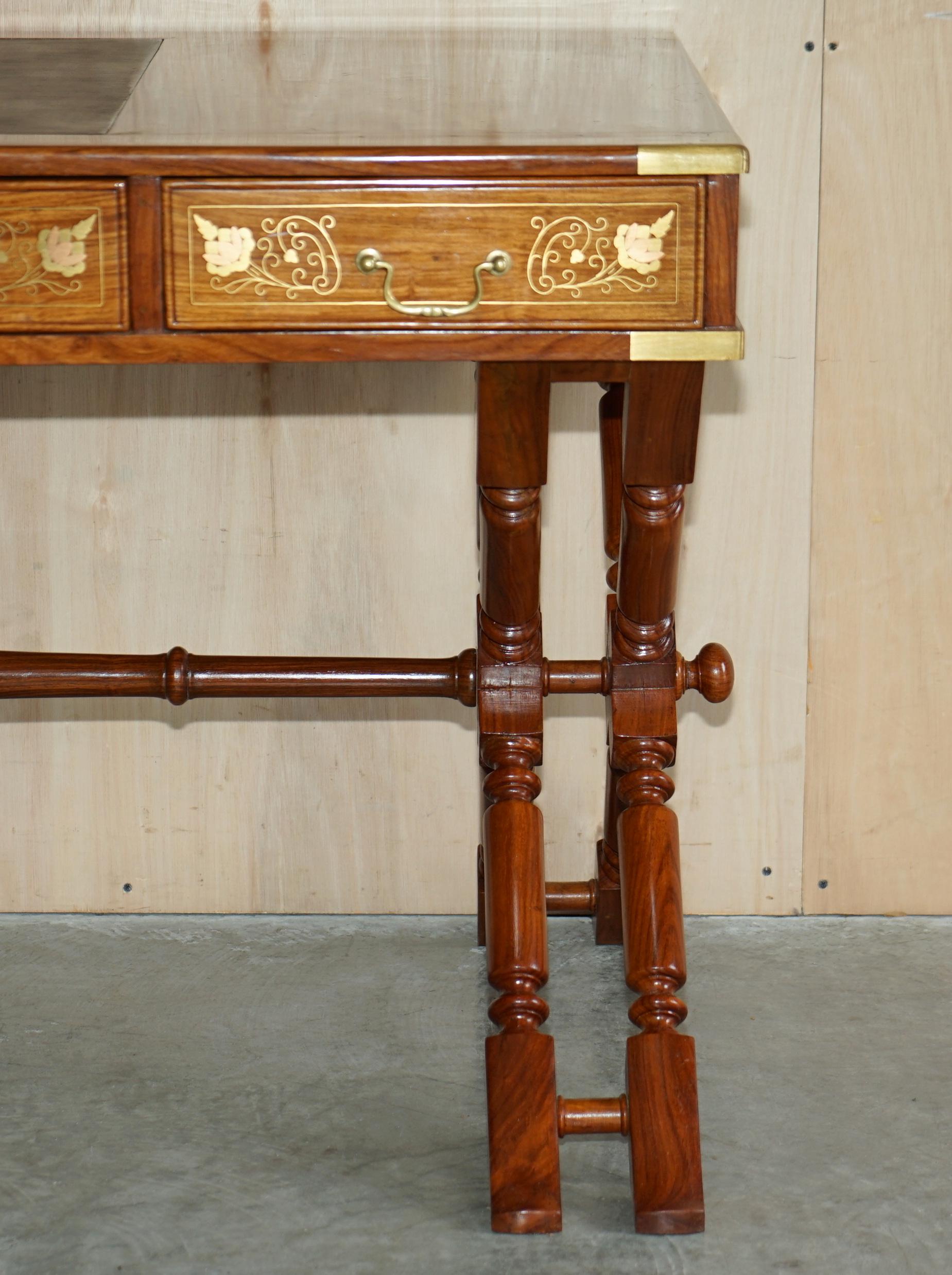 Hand-Crafted Antique Anglo Indian Military Campaign Trestle Desk & Armchair Hardwood & Brass For Sale