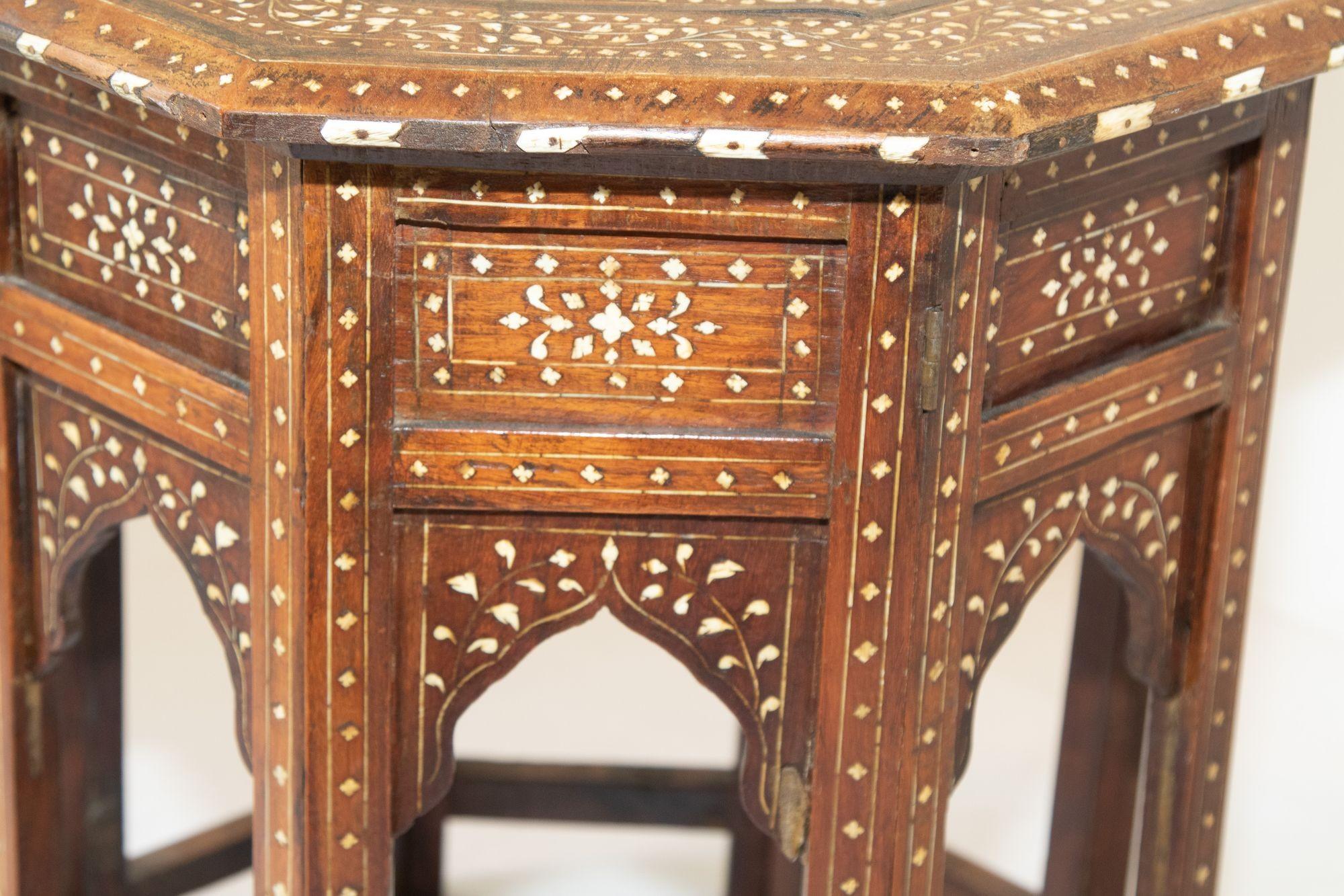 Teak Antique Anglo-Indian Octagonal Mughal Moorish Table with Bone Inlay India