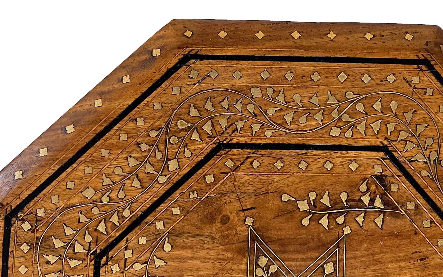 Early 20th Century Antique Anglo Indian Octagonal Traveling Table with Brass and Copper Inlay