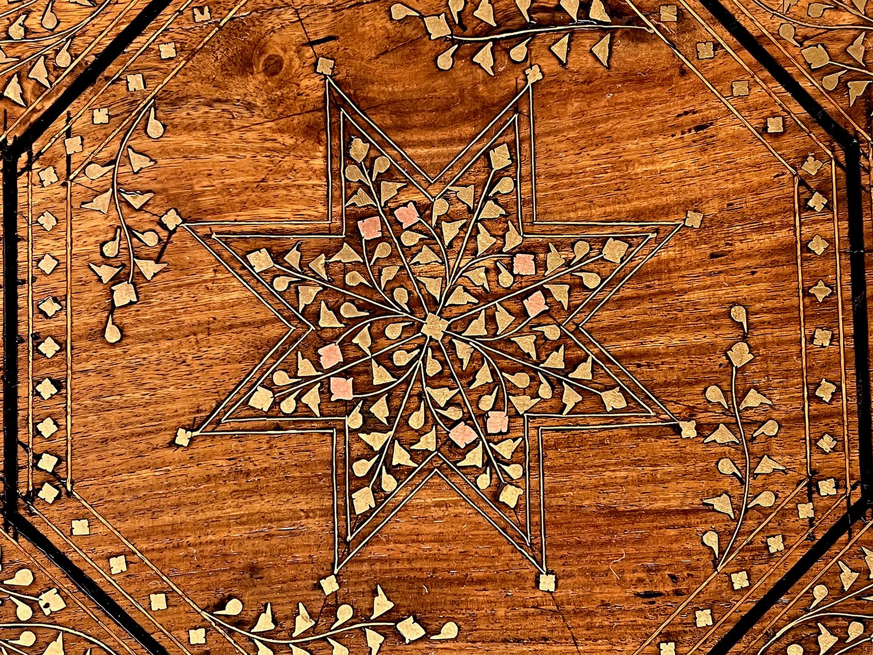 Wood Antique Anglo Indian Octagonal Traveling Table with Brass and Copper Inlay
