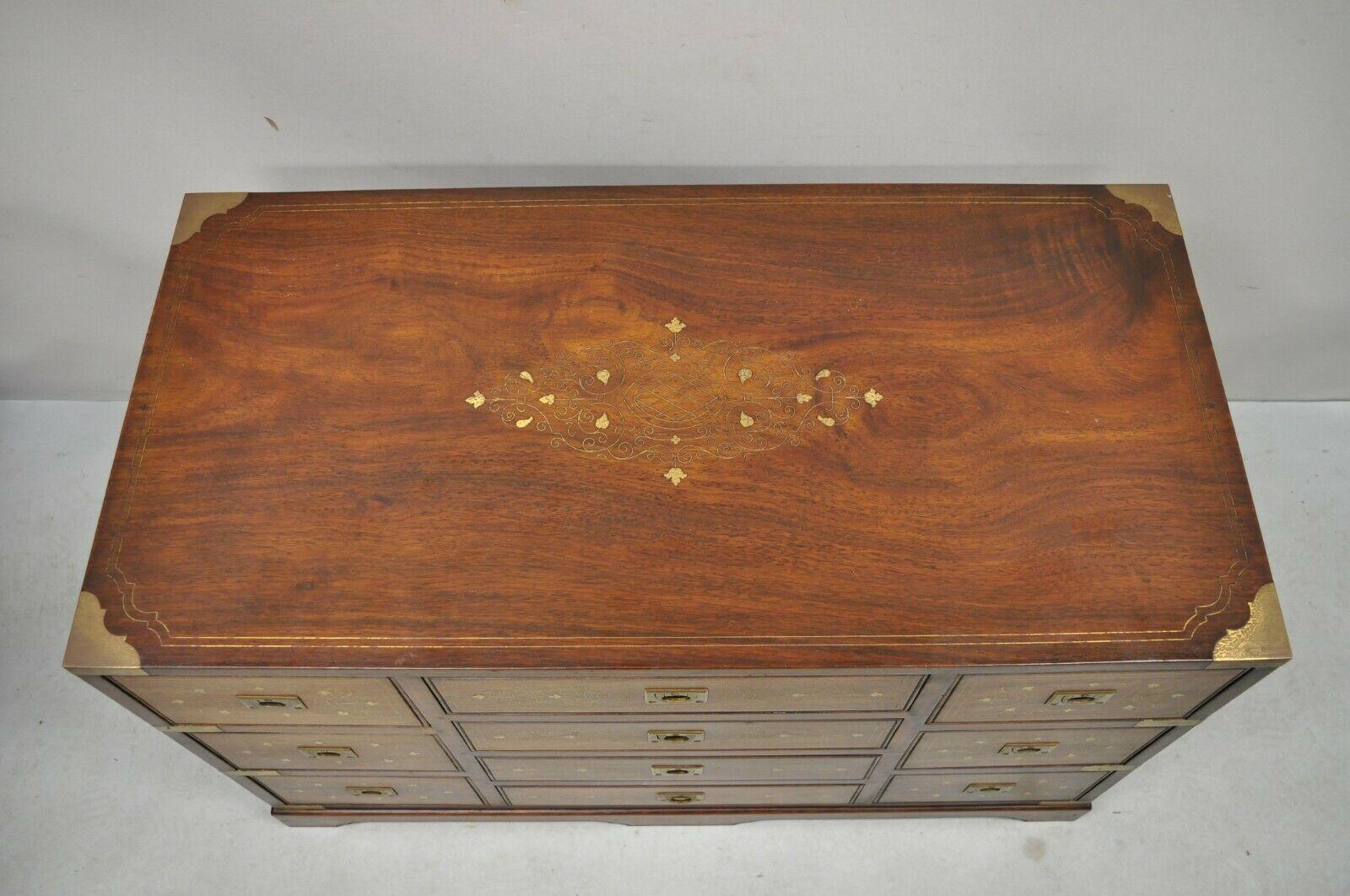 American Antique Anglo Indian Rosewood Brass Inlay Military Campaign Chest of Drawers