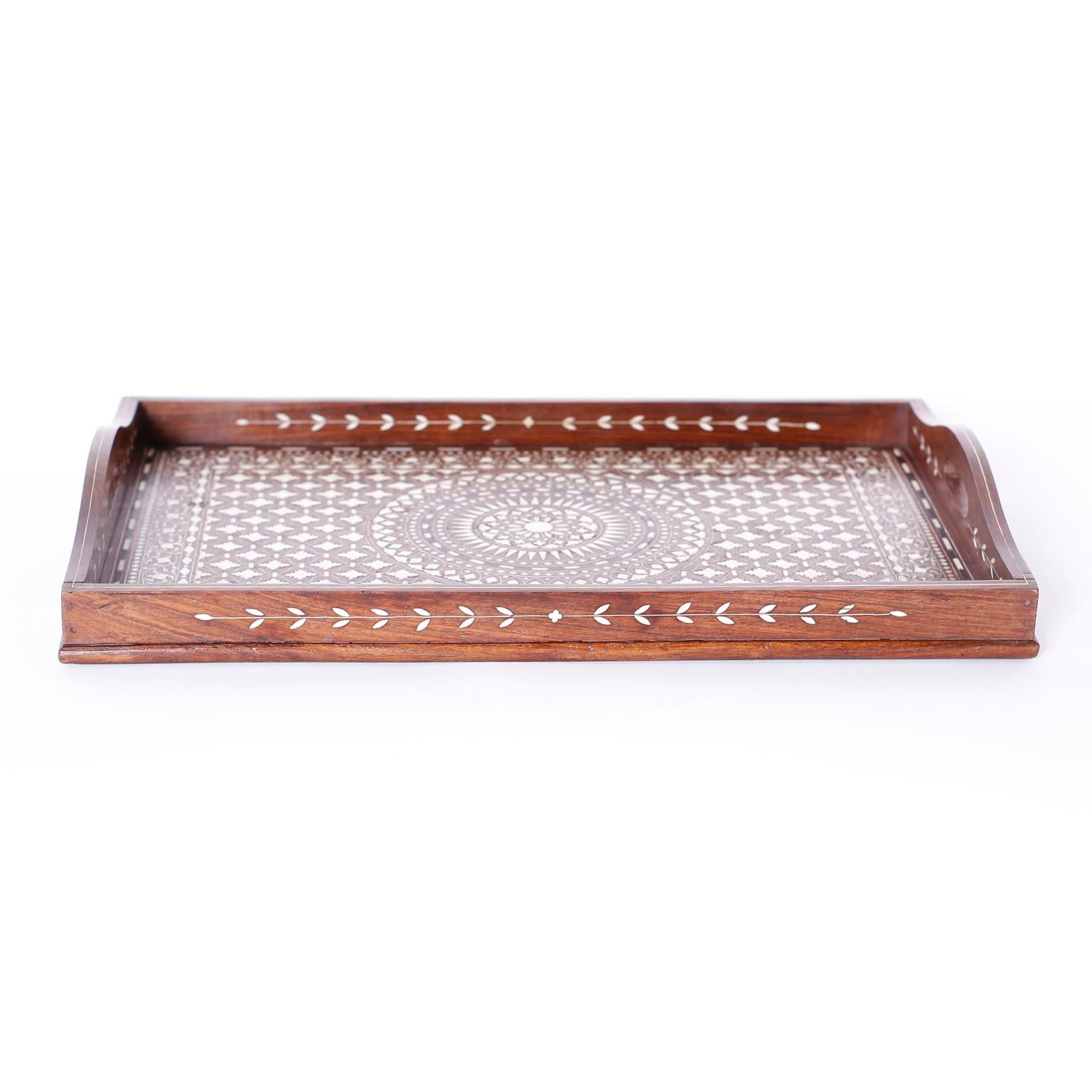 Antique Anglo Indian Rosewood Serving Tray with Bone Inlays In Good Condition In Palm Beach, FL