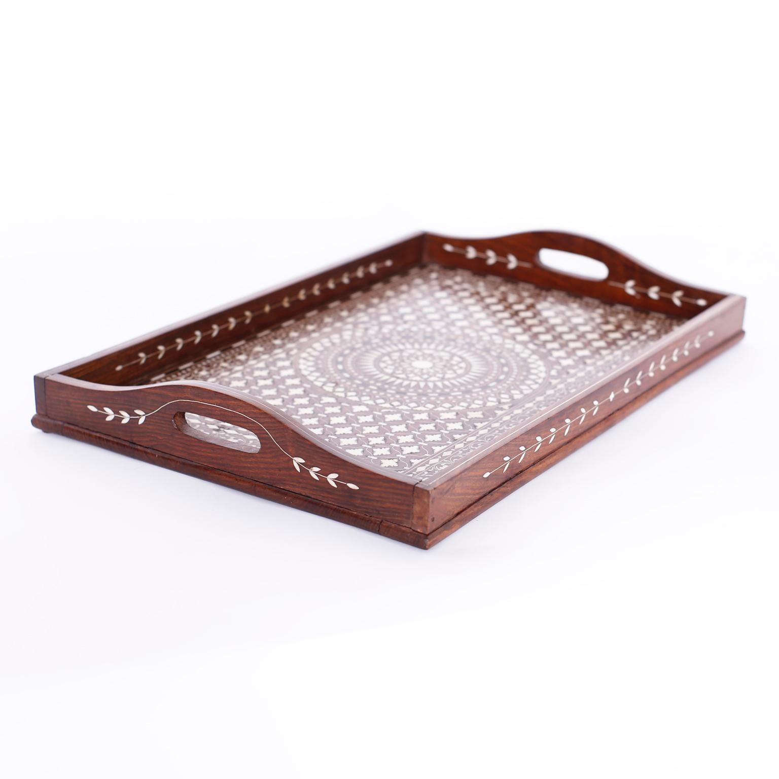 Antique Anglo Indian Rosewood Serving Tray with Bone Inlays 1