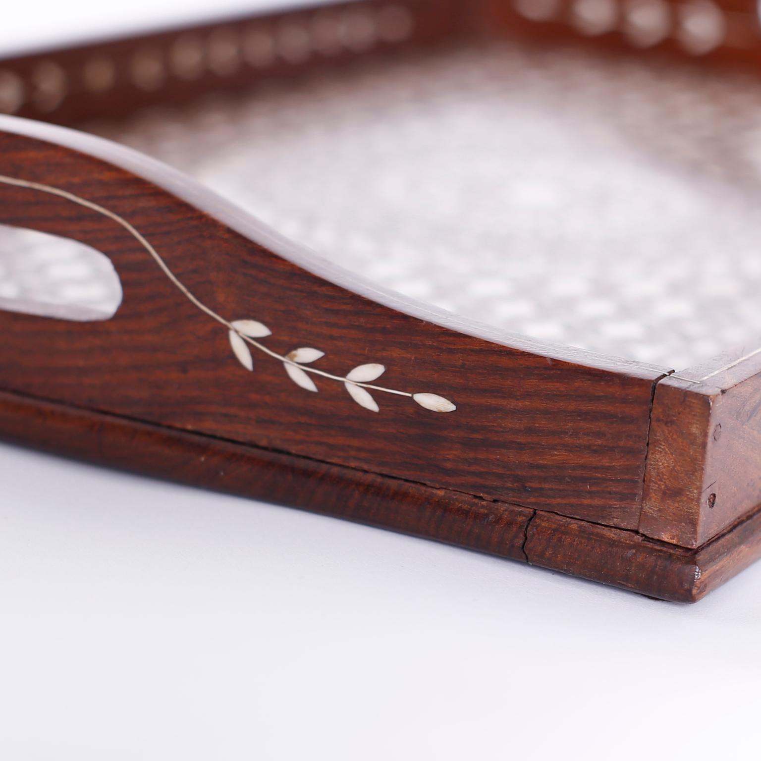 Antique Anglo Indian Rosewood Serving Tray with Bone Inlays 2