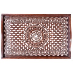 Antique Anglo Indian Rosewood Serving Tray with Bone Inlays