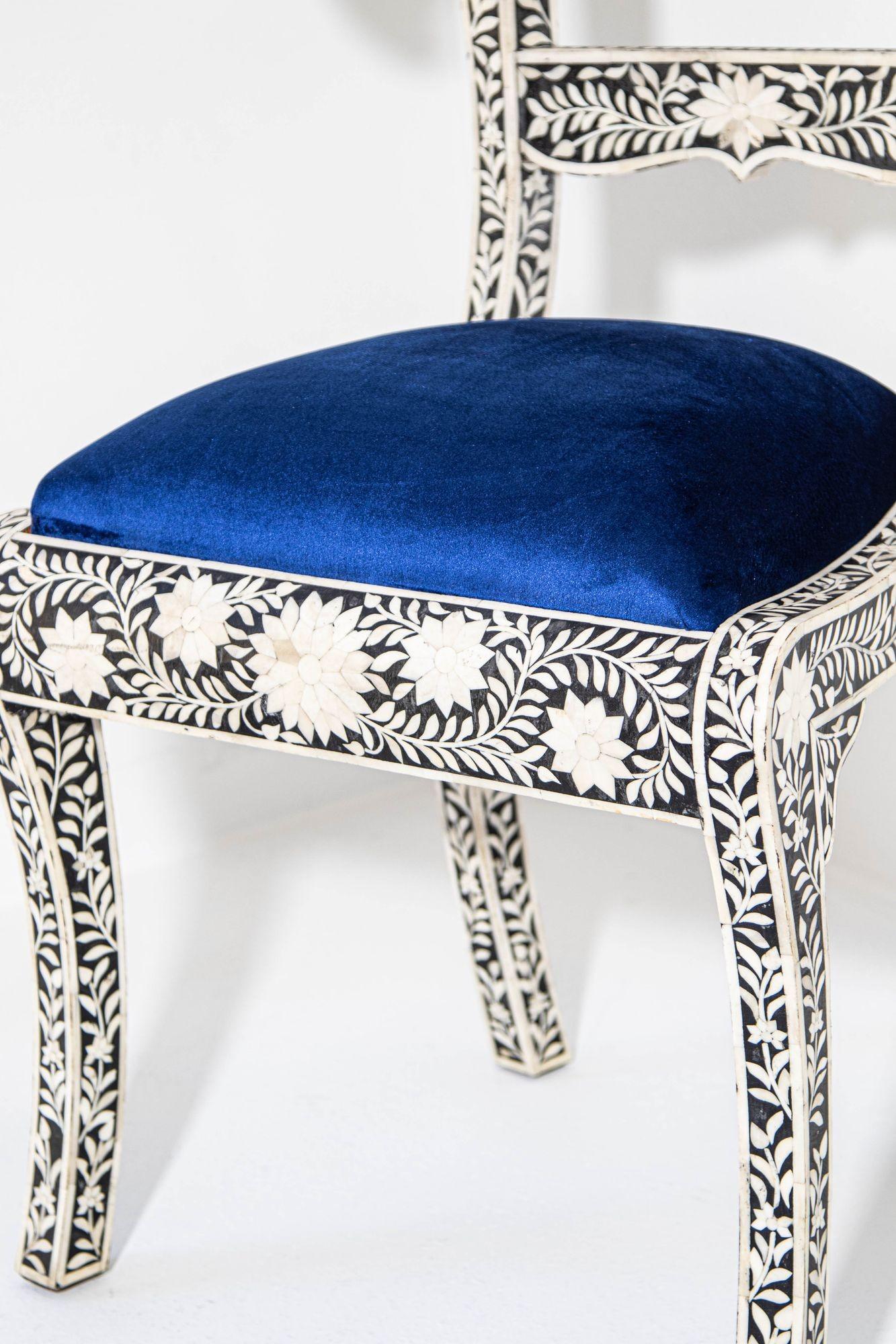 Antique Anglo-Indian Side Chair with Ram's Head Bone Inlaid Royal Blue Seat For Sale 12