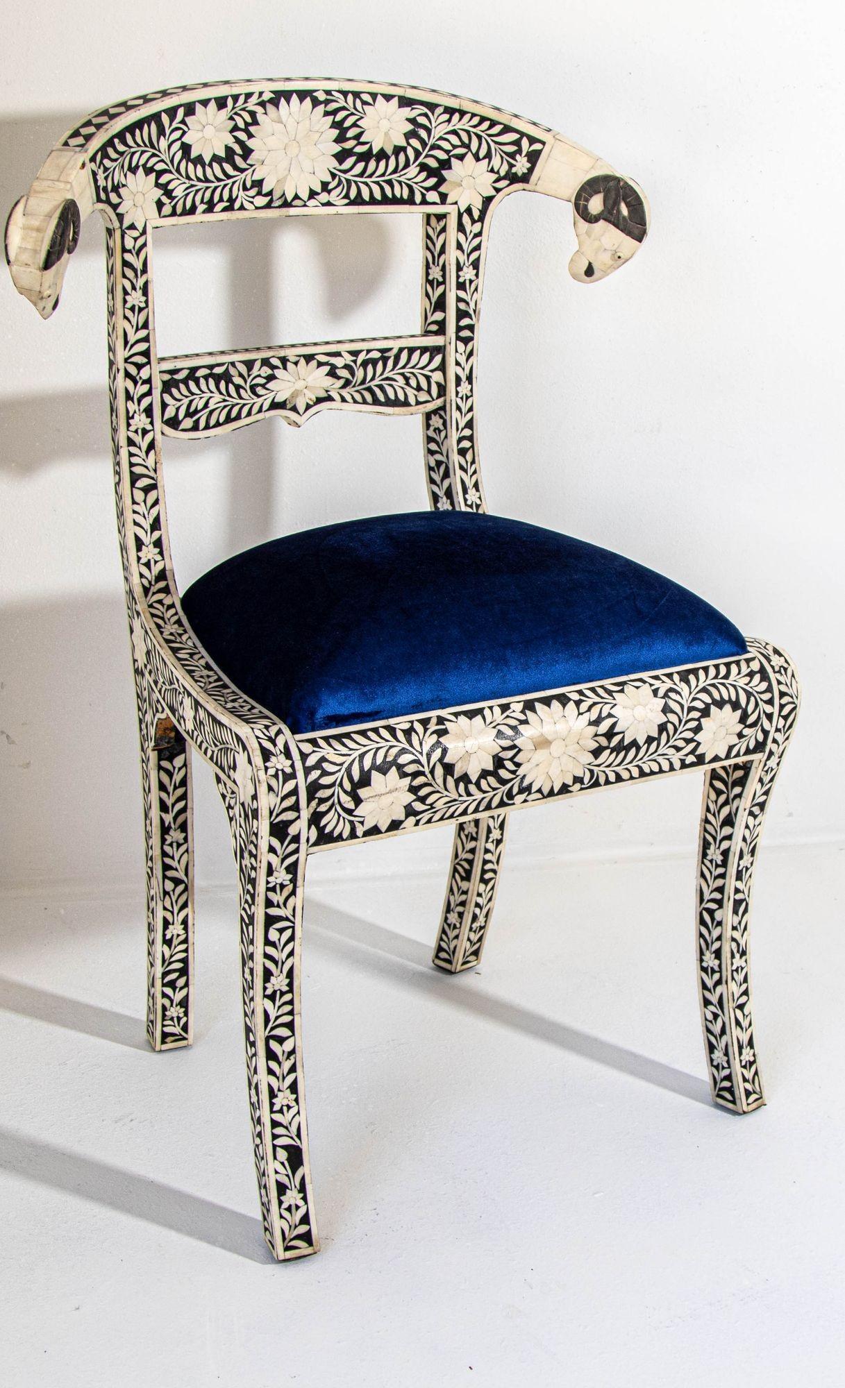 Antique Anglo-Indian Side Chair with Ram's Head Bone Inlaid Royal Blue Seat For Sale 13