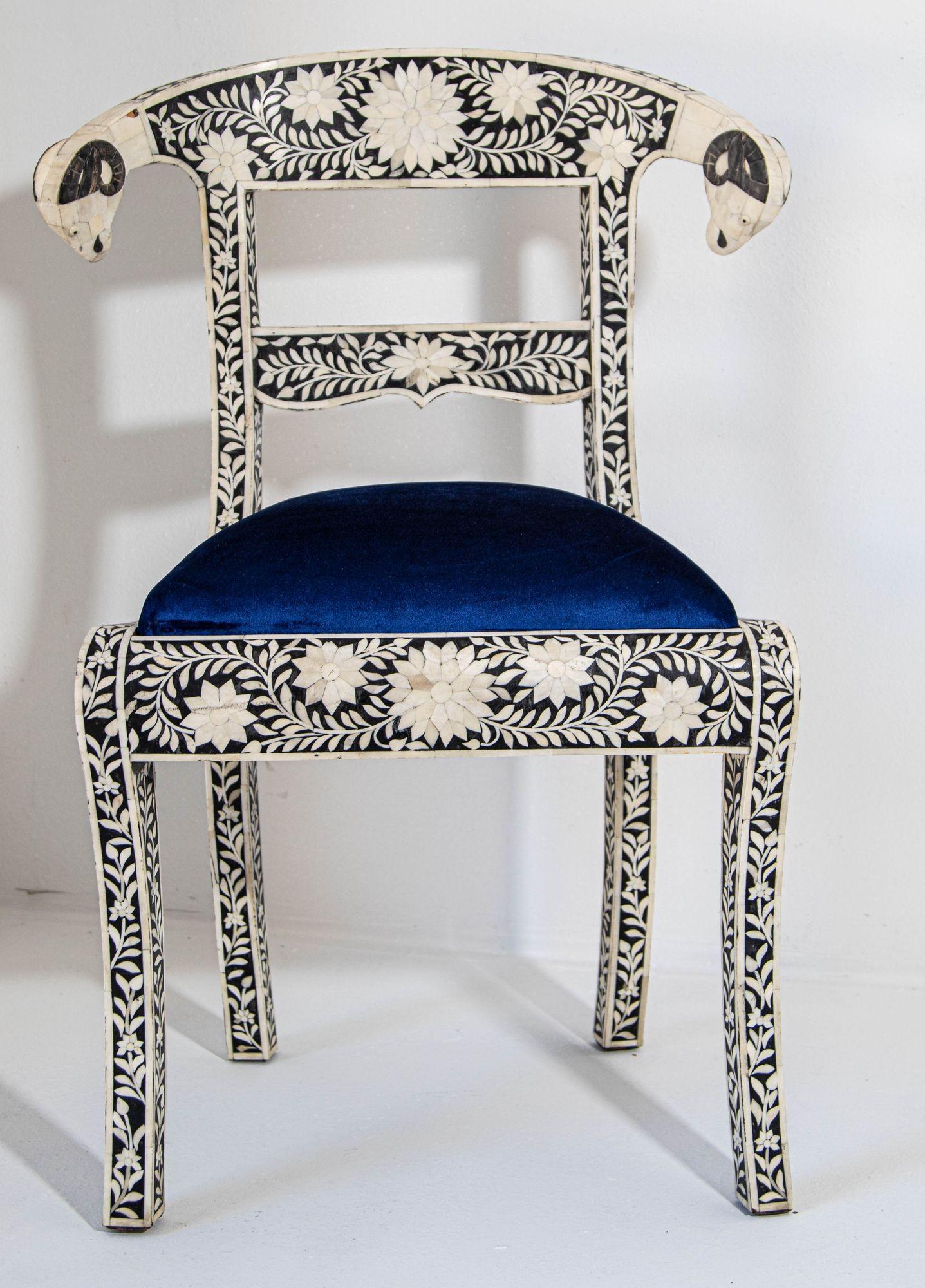 Hand-Carved Antique Anglo-Indian Side Chair with Ram's Head Bone Inlaid Royal Blue Seat For Sale