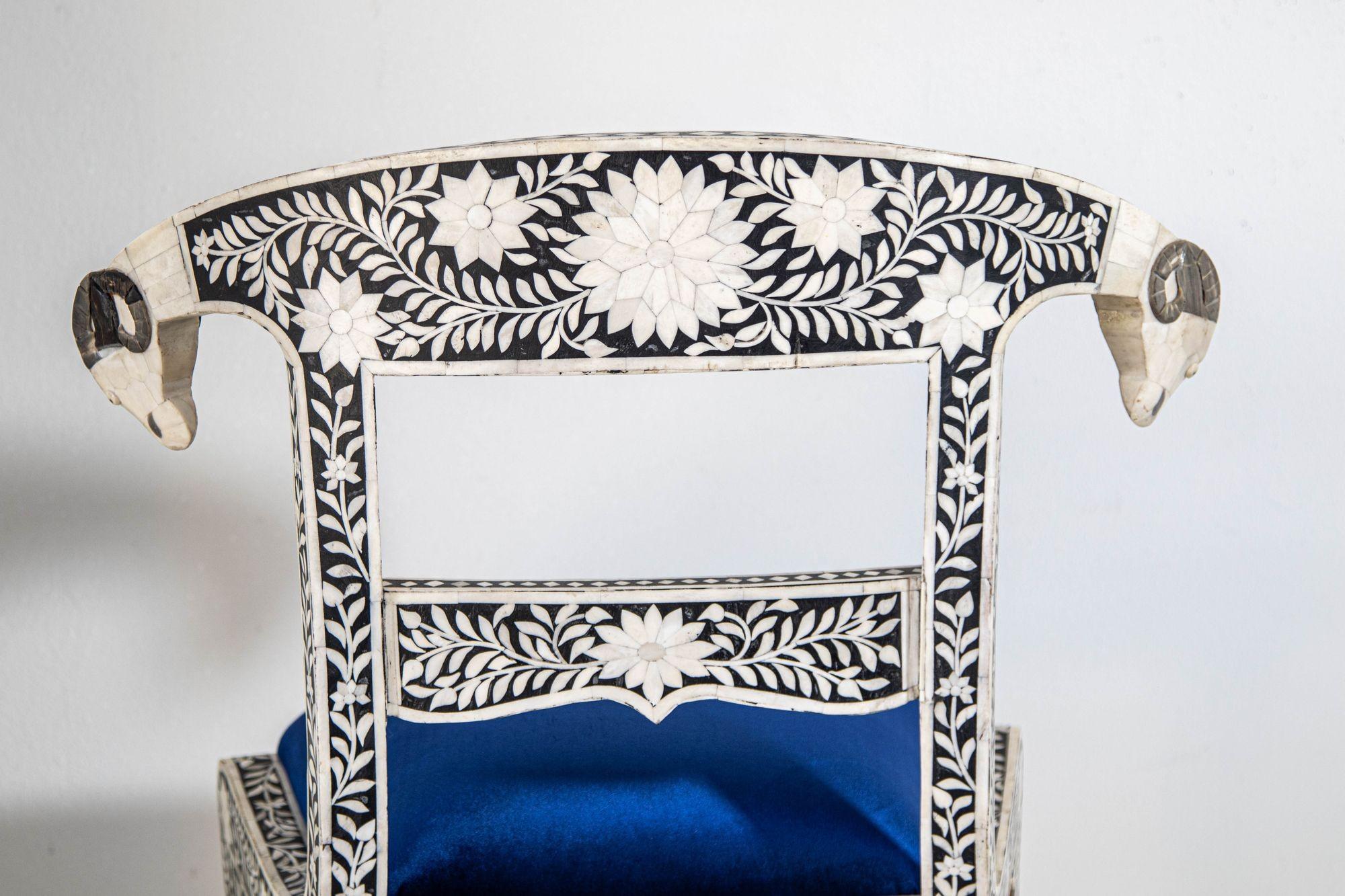 Antique Anglo-Indian Side Chairs with Ram's Head Bone Inlay Royal Blue Seat Pair For Sale 6