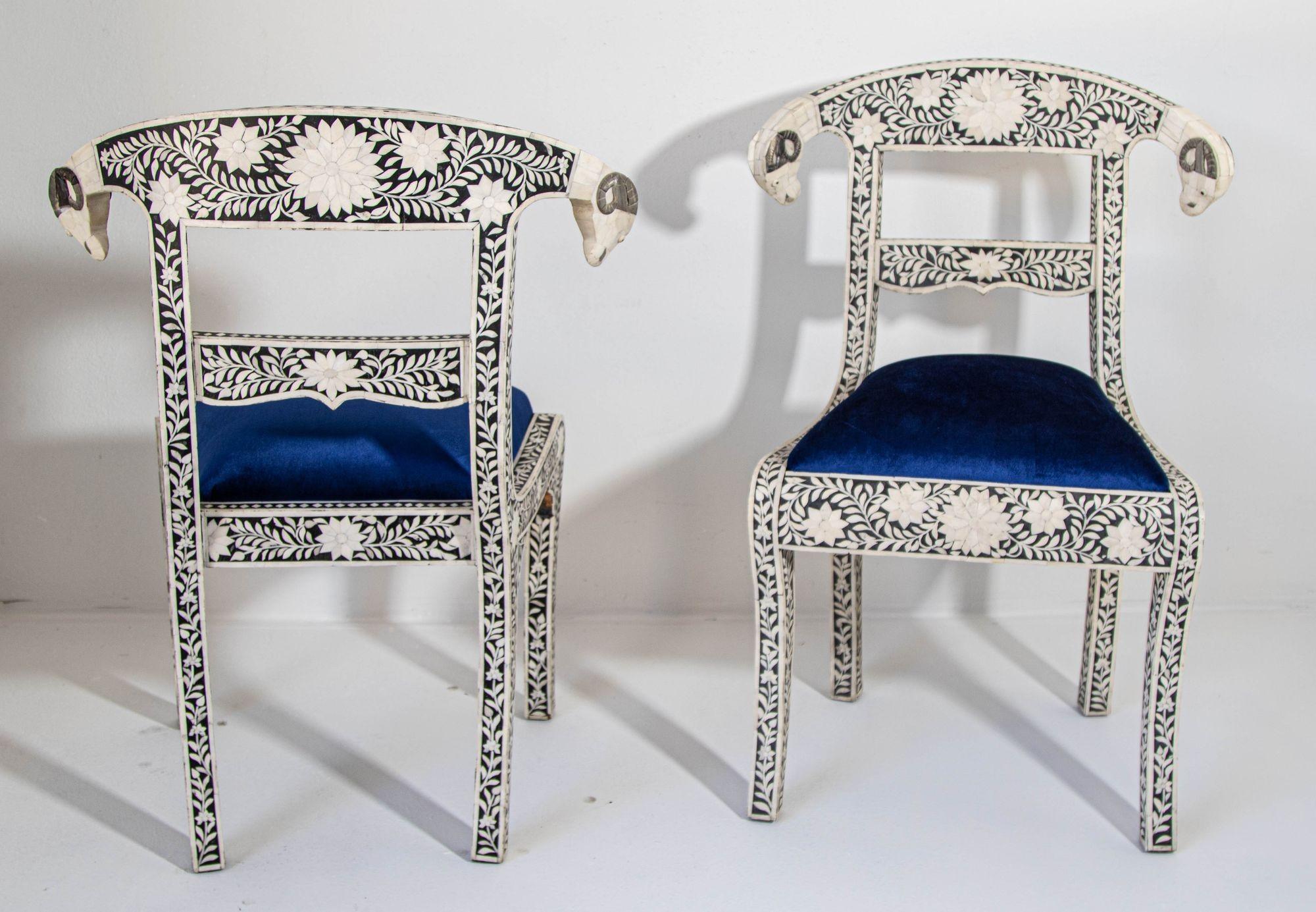 Antique Anglo-Indian Side Chairs with Ram's Head Bone Inlay Royal Blue Seat Pair For Sale 11