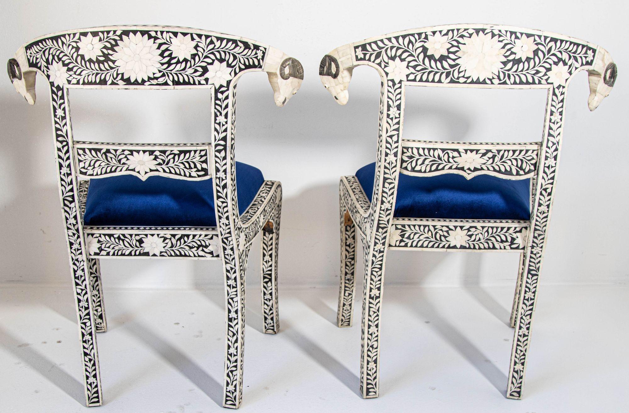 Antique Anglo-Indian Side Chairs with Ram's Head Bone Inlay Royal Blue Seat Pair For Sale 13