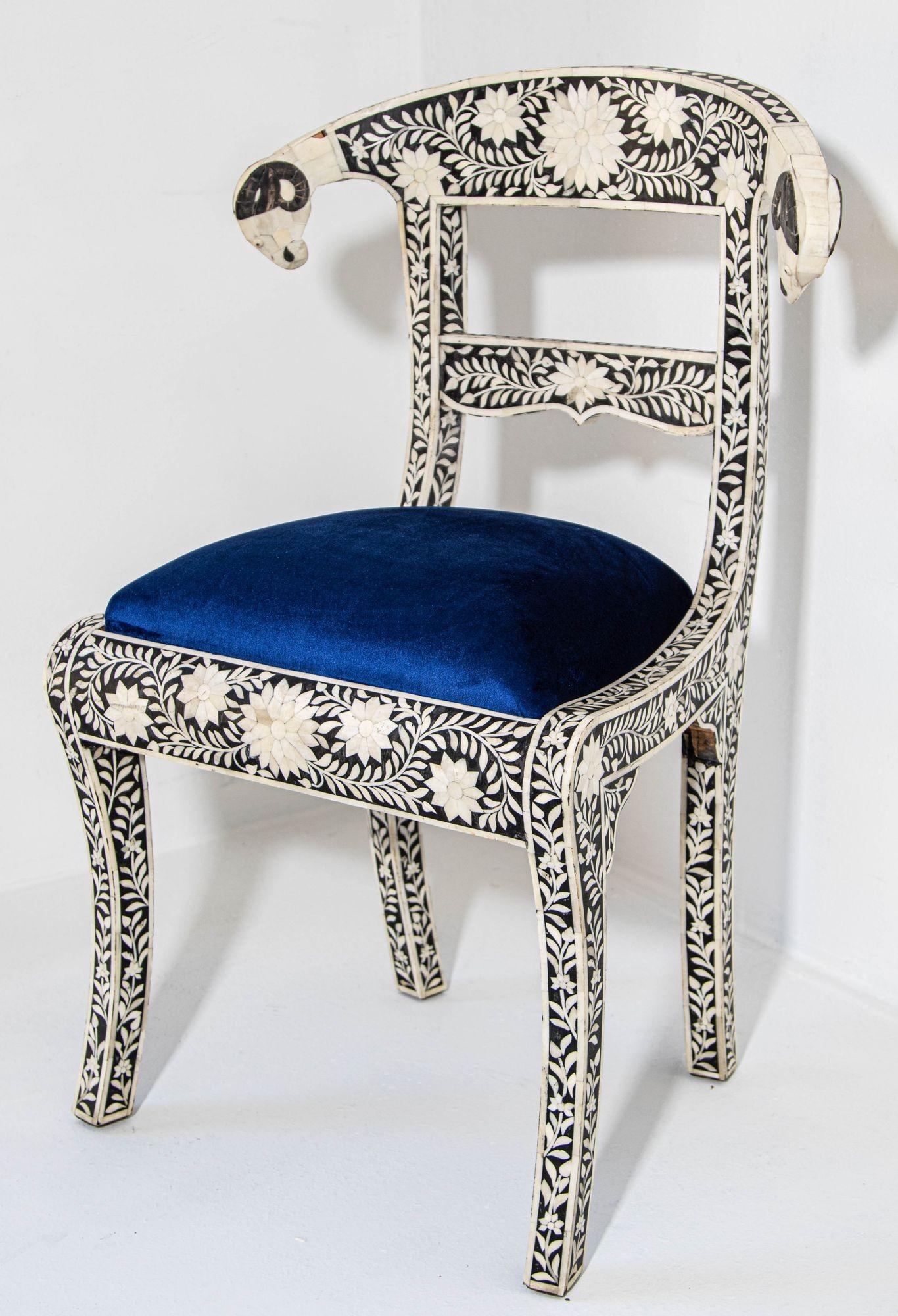 Antique Anglo-Indian Side Chairs with Ram's Head Bone Inlay Royal Blue Seat Pair For Sale 14