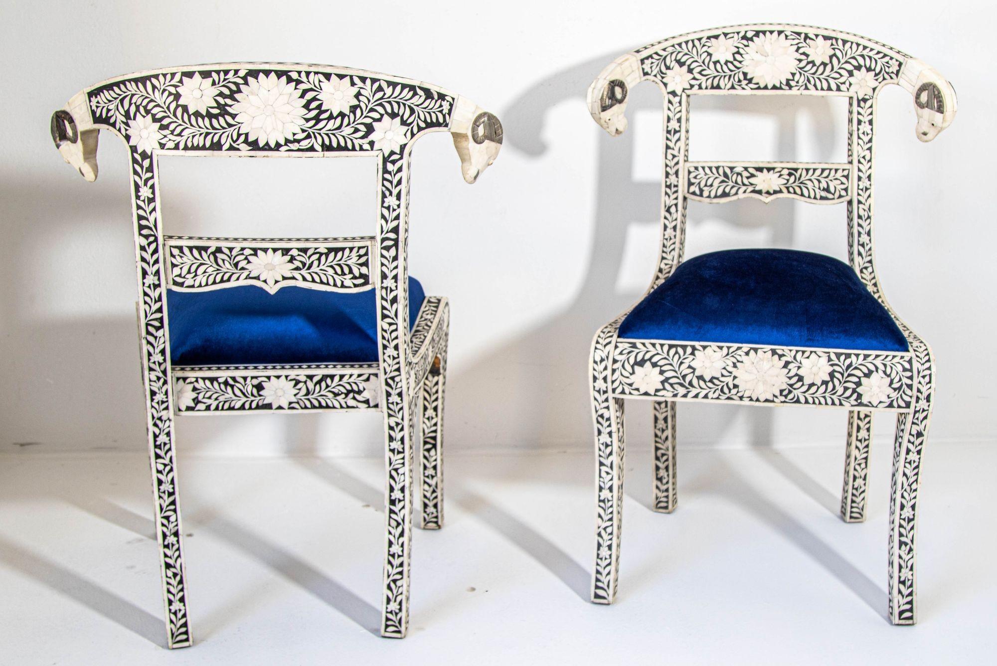 Hand-Carved Antique Anglo-Indian Side Chairs with Ram's Head Bone Inlay Royal Blue Seat Pair For Sale