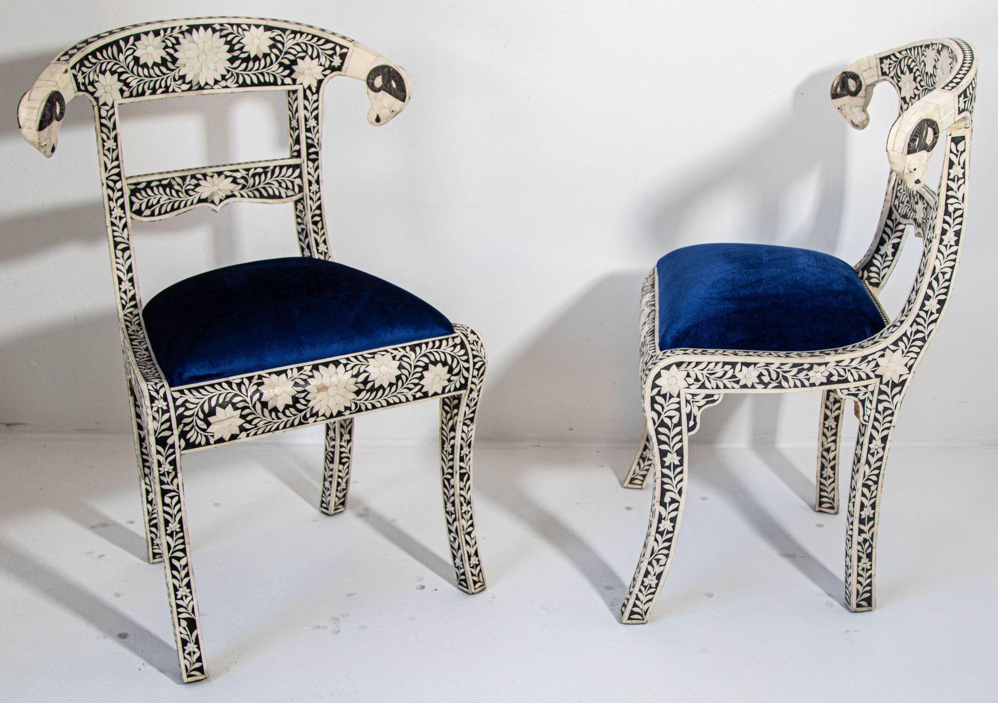 Hand-Carved Antique Anglo-Indian Side Chairs with Ram's Head Bone Inlay Royal Blue Seat Pair For Sale