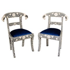 Antique Anglo-Indian Side Chairs with Ram's Head Bone Inlay Royal Blue Seat Pair