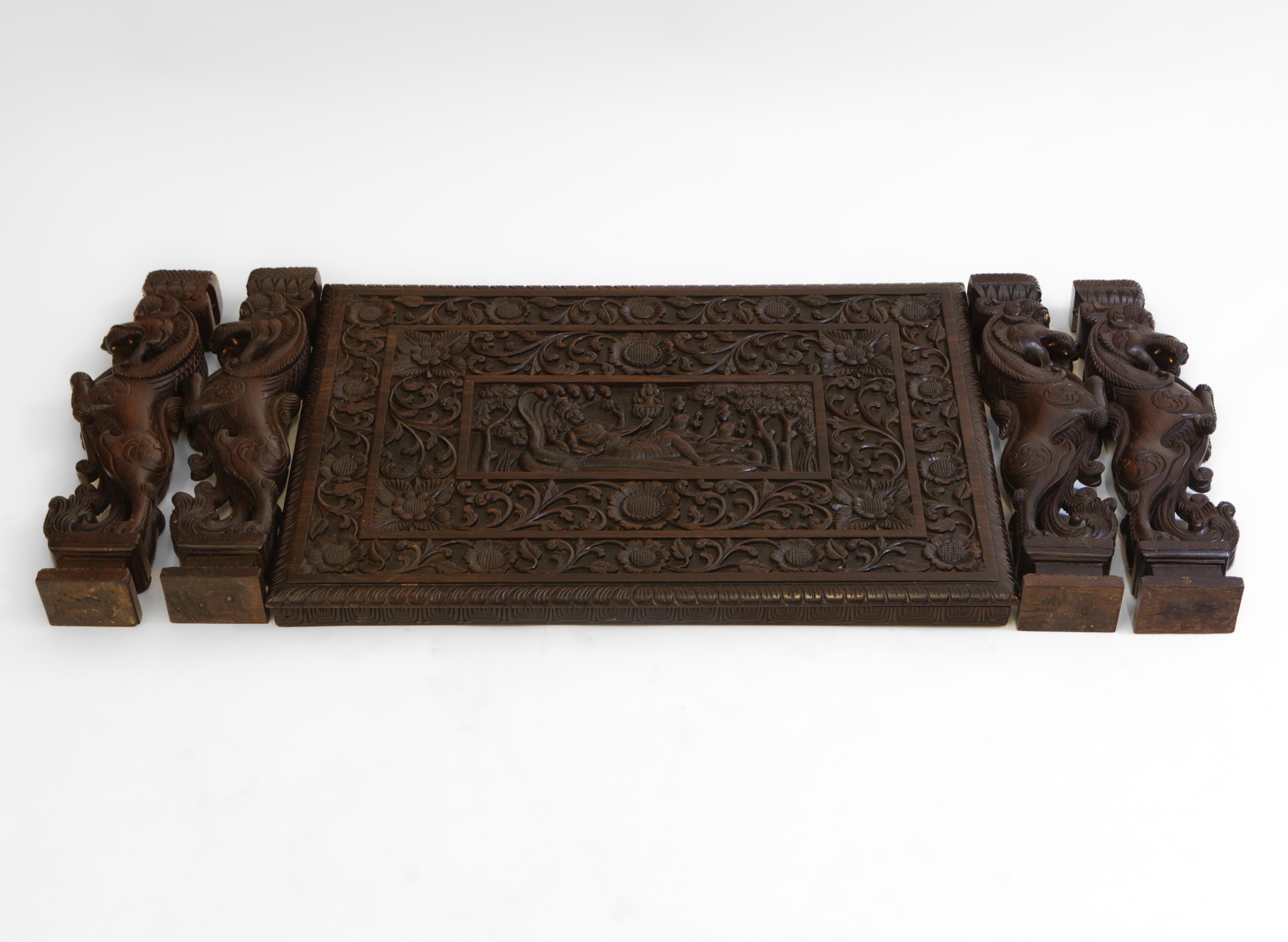 Hand-Carved Antique Anglo Indian Side Occasional Table Carved Mythical Lions And Vishnu Deco For Sale