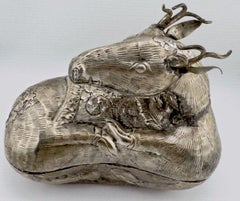 Antique Anglo-Indian Silver-Plated Figural Stag Covered Box, British Raj Period