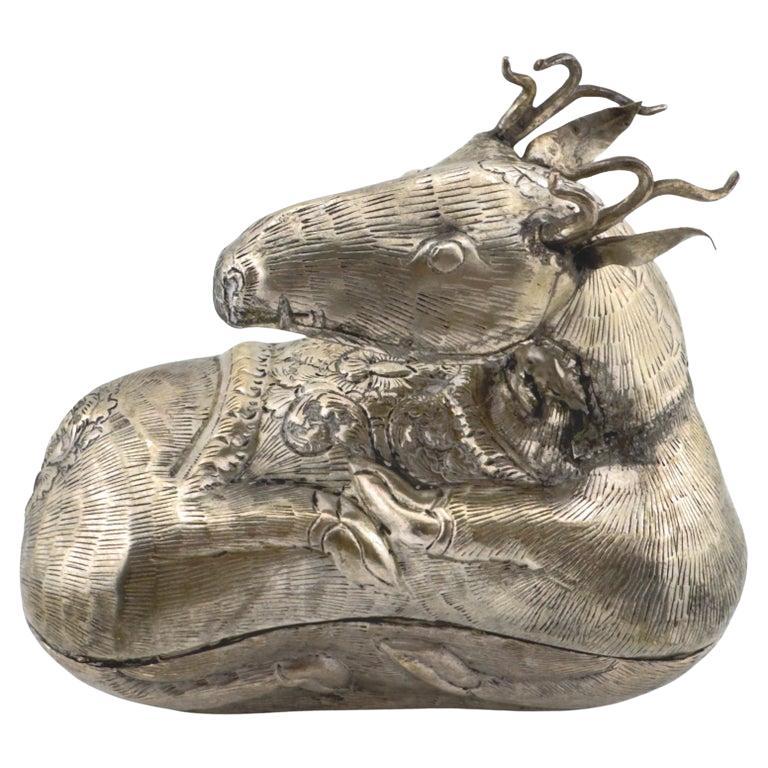 Antique Anglo-Indian Silver-Plated Figural Stag Covered Box, British Raj Period