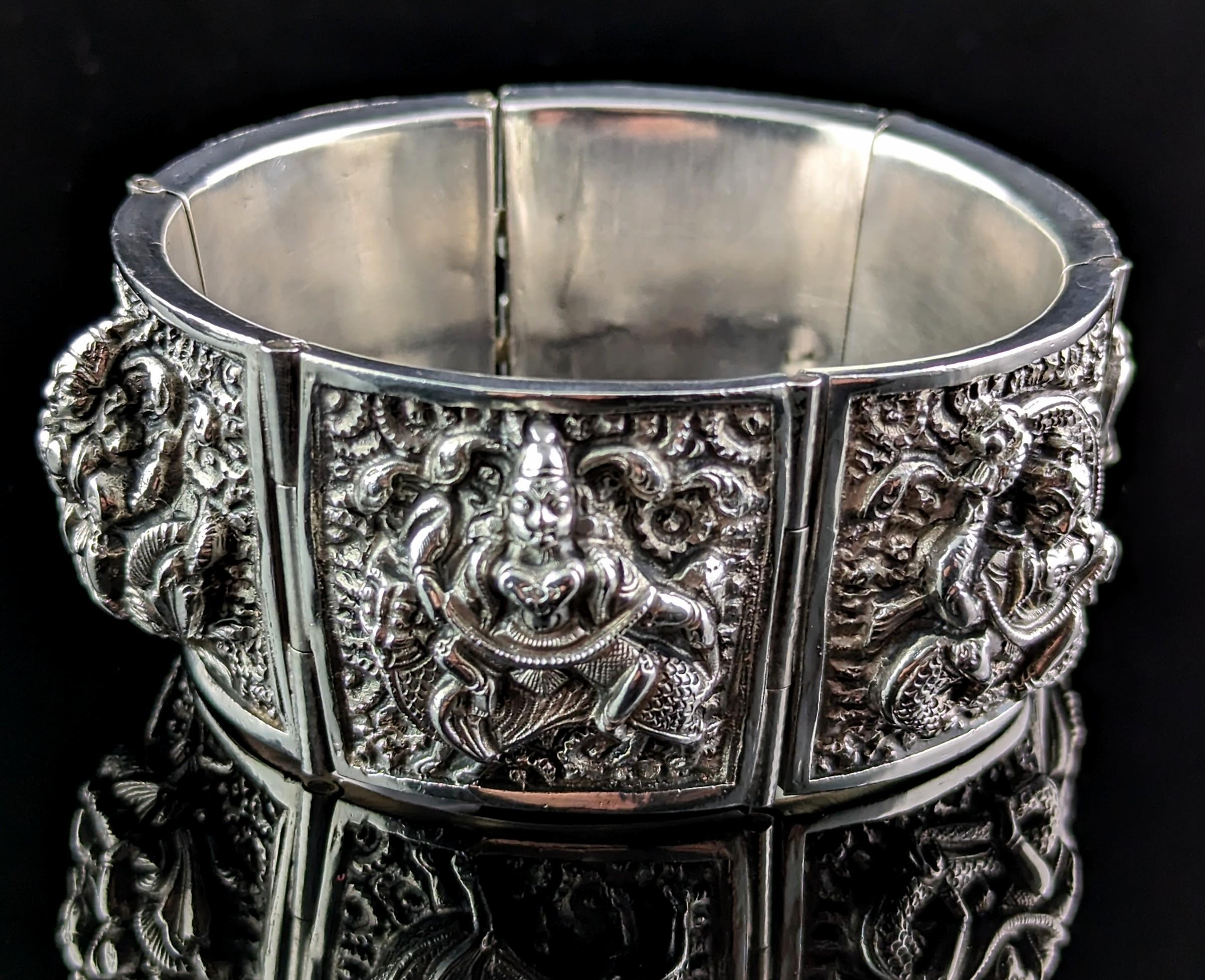 Women's Antique Anglo-Indian Sterling Silver Bracelet, Buddhist Deities, Victorian For Sale
