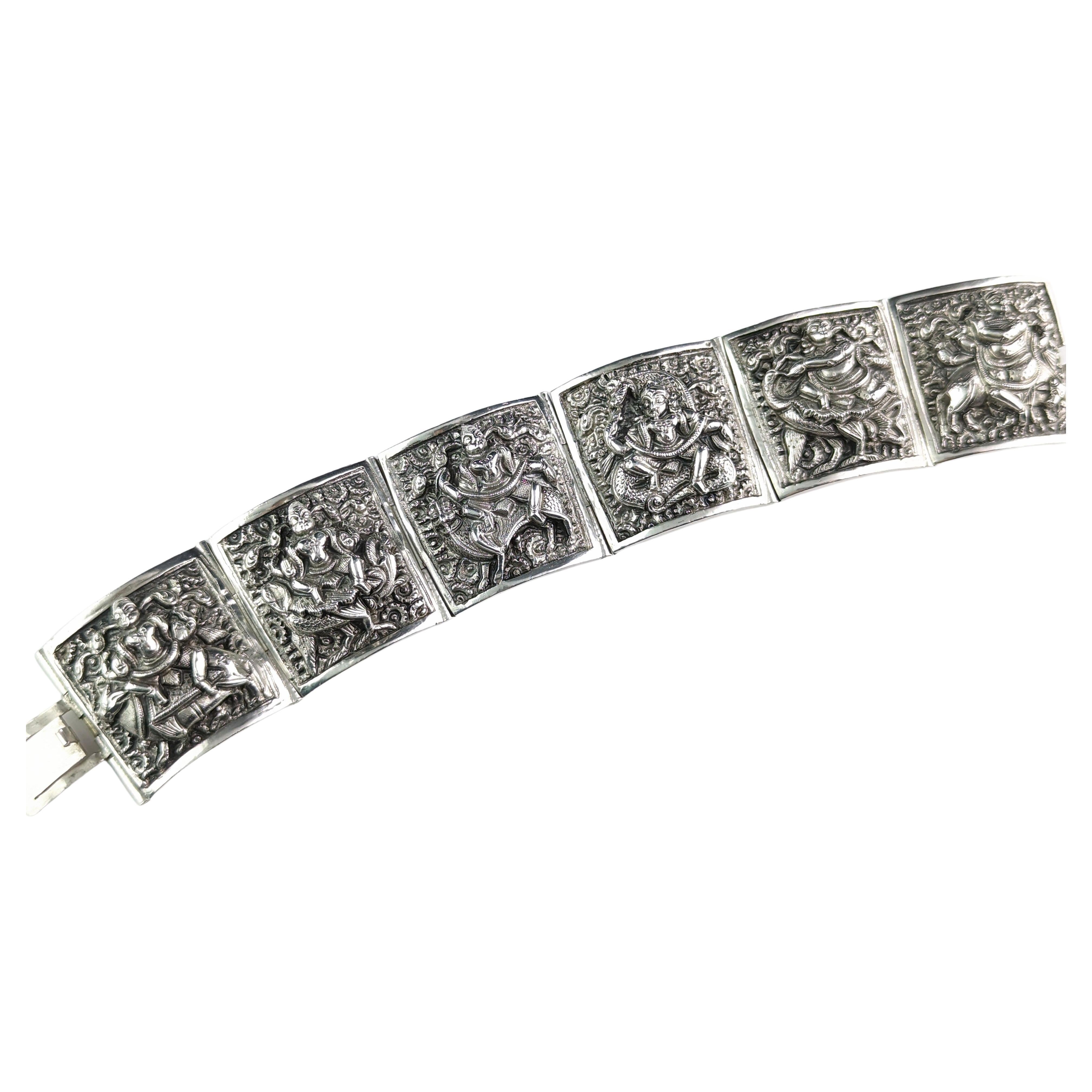 Antique Anglo-Indian Sterling Silver Bracelet, Buddhist Deities, Victorian For Sale
