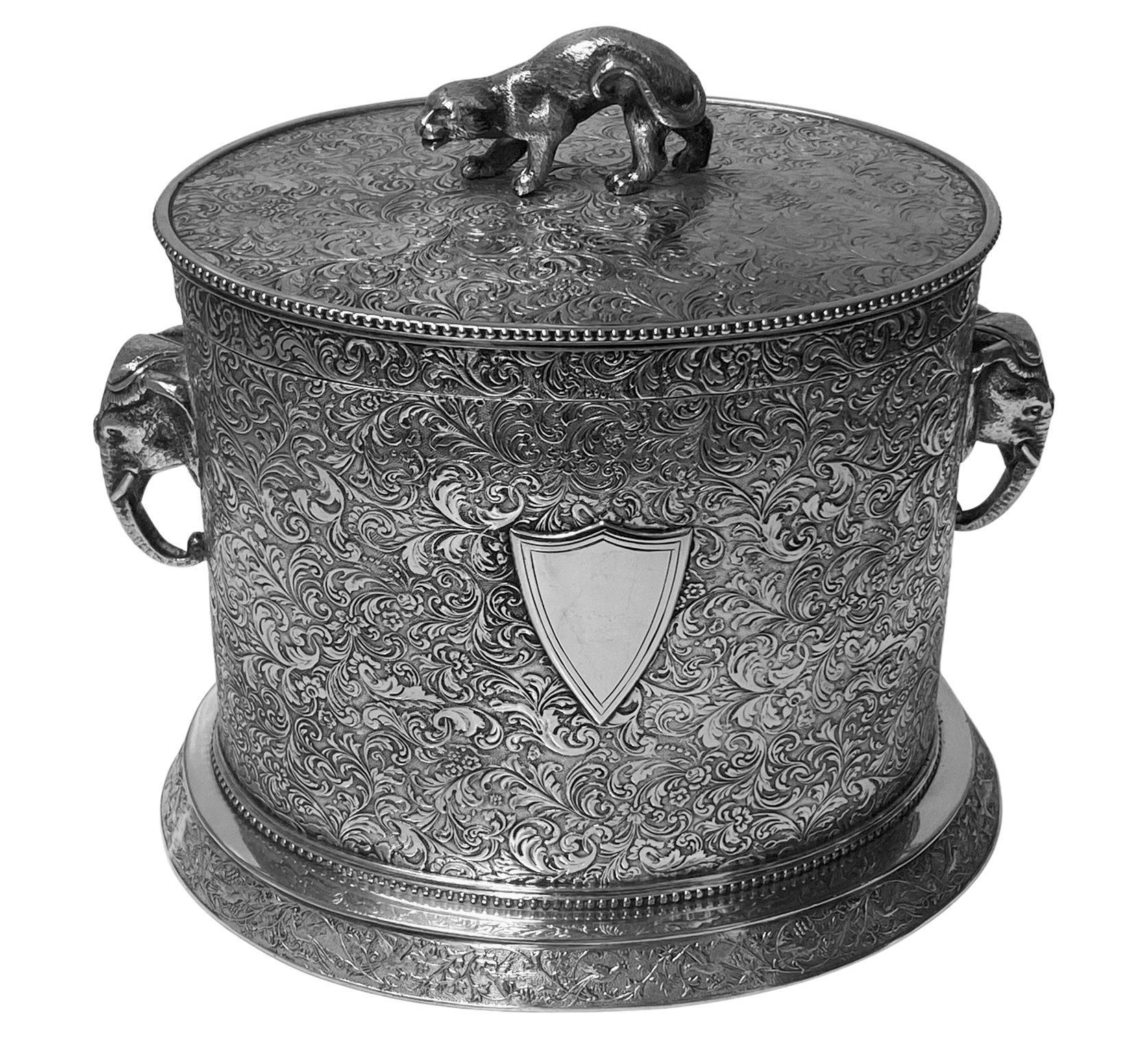 English Antique Anglo-Indian Style Large Biscuit Box, Silber & Fleming, C. 1880