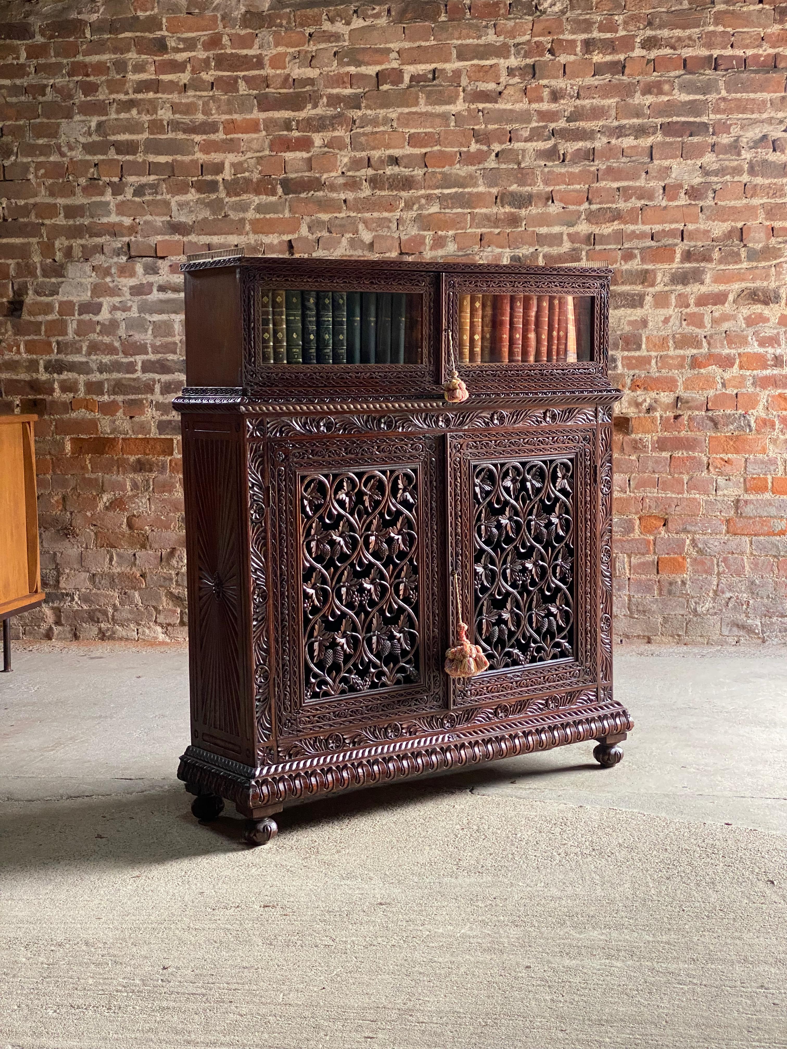 Hand-Carved Antique Anglo-Indian Sunburst Teak Bookcase Cabinet Circa 1850 For Sale