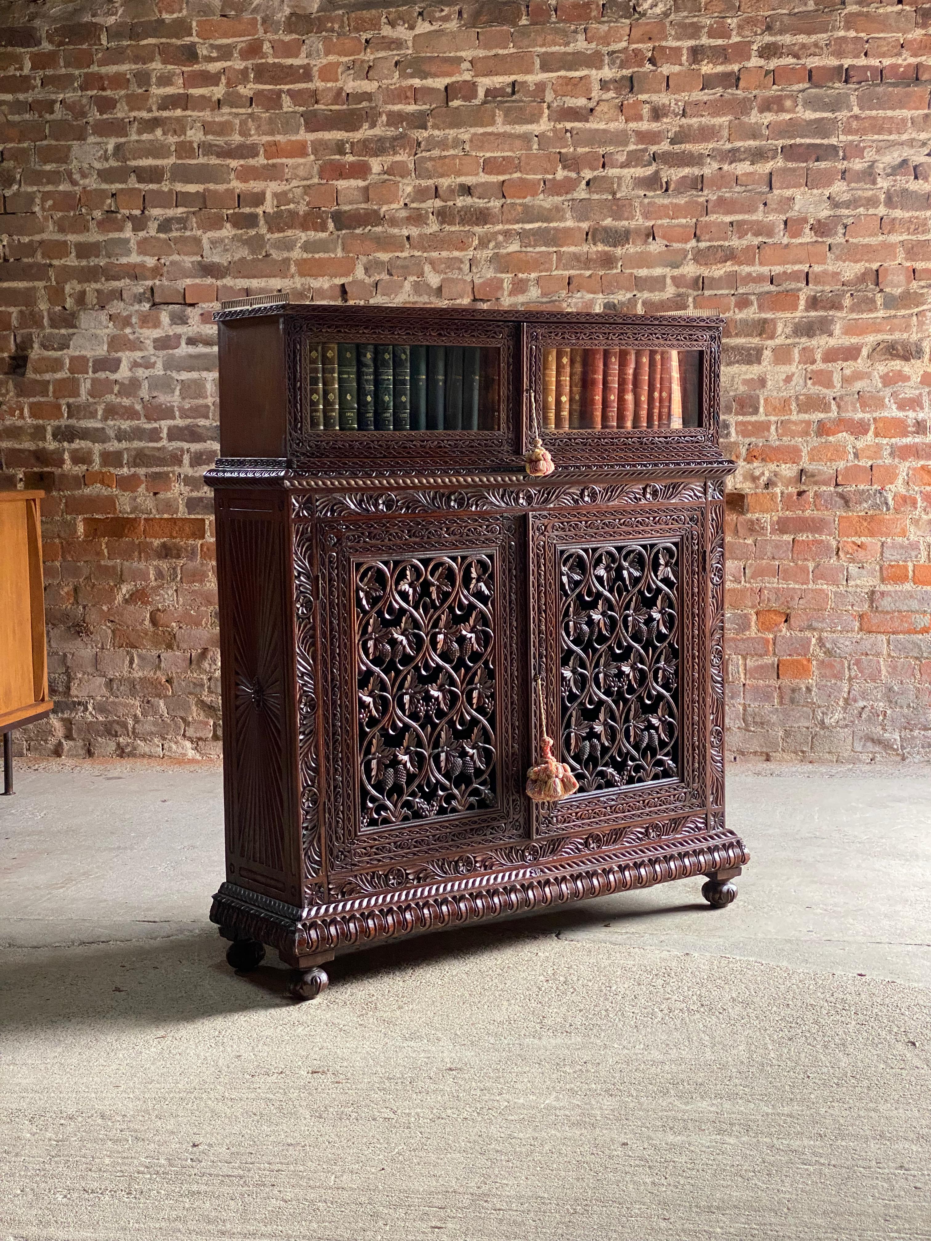Mid-19th Century Antique Anglo-Indian Sunburst Teak Bookcase Cabinet Circa 1850 For Sale