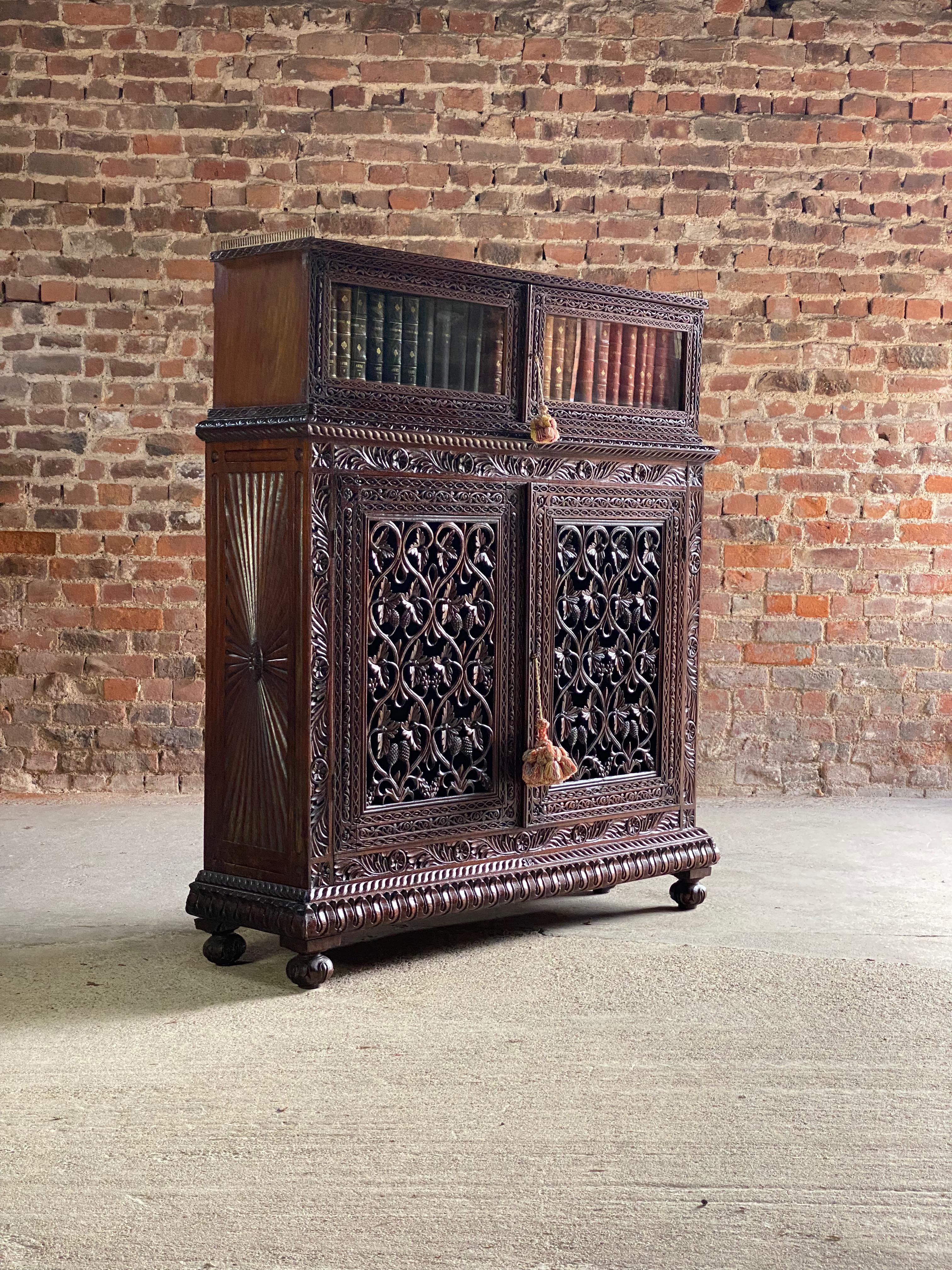 Antique Anglo-Indian Sunburst Teak Bookcase Cabinet Circa 1850 For Sale 1