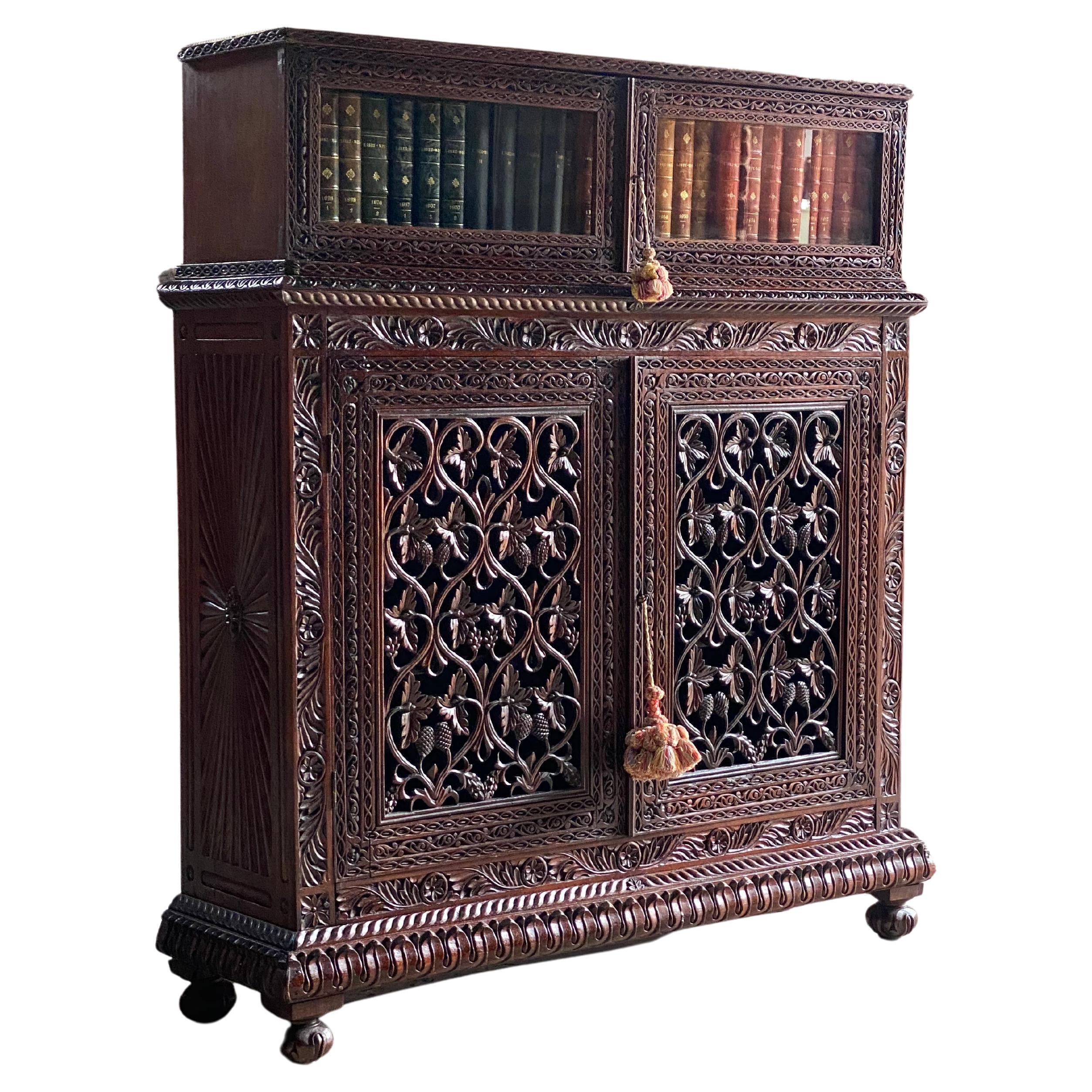 Antique Anglo-Indian Sunburst Teak Bookcase Cabinet Circa 1850 For Sale