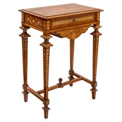 Antique Anglo Indian Teak Mahogany Inlaid Marquetry Work Side Sewing Table 1870