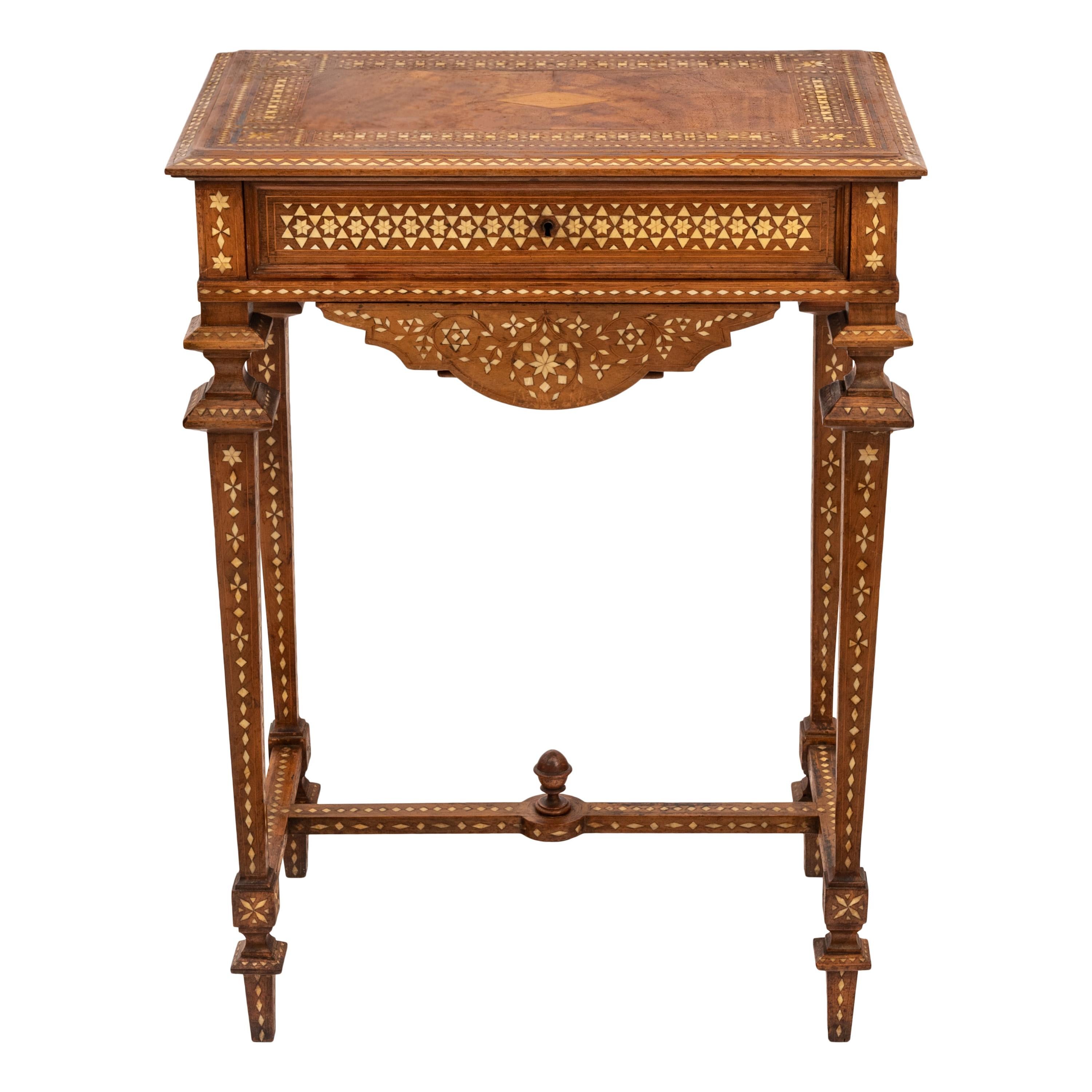 Anglo-Indian Antique Anglo Indian Teak Mahogany Inlaid Marquetry Work Side Sewing Table 1870