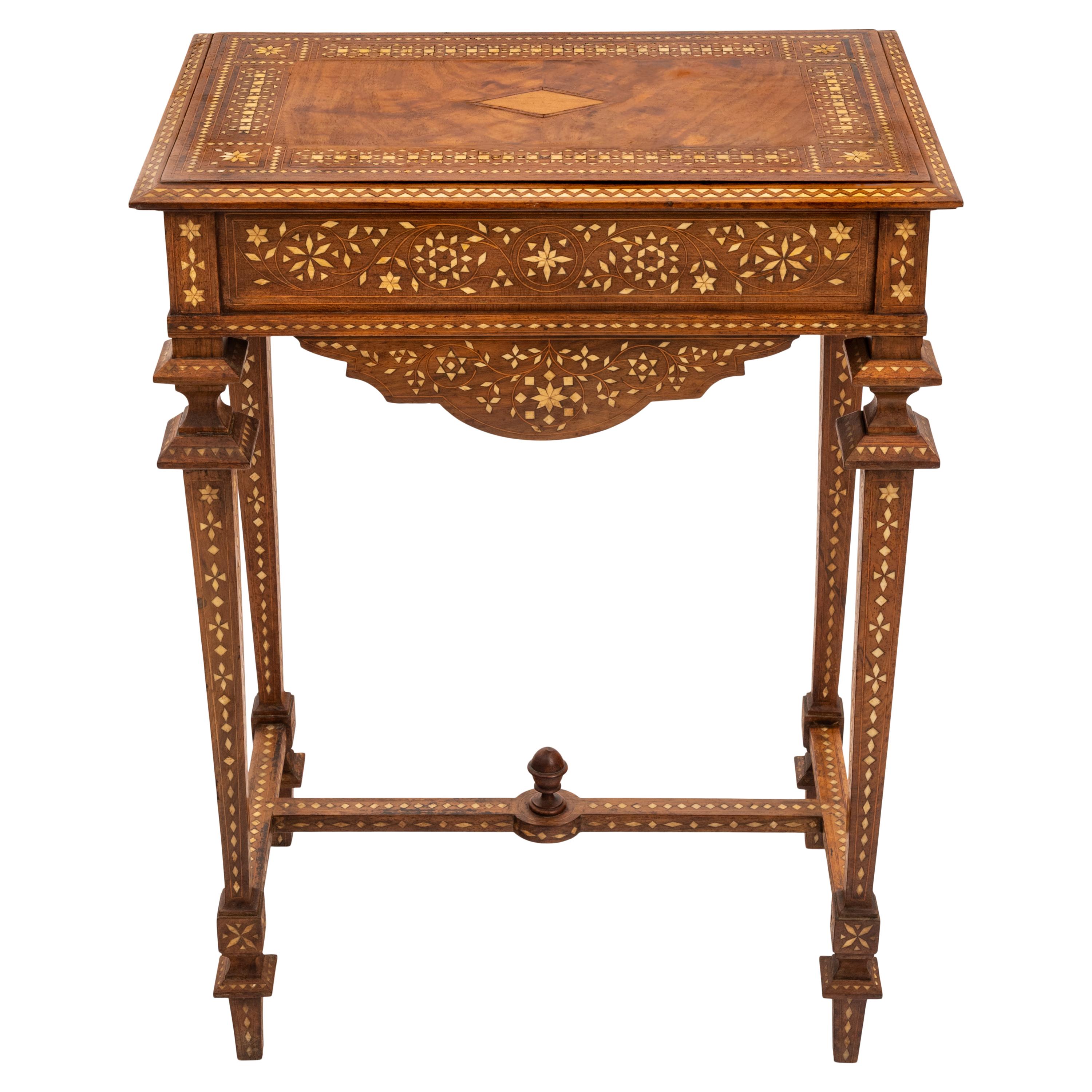 Antique Anglo Indian Teak Mahogany Inlaid Marquetry Work Side Sewing Table 1870 In Good Condition In Portland, OR