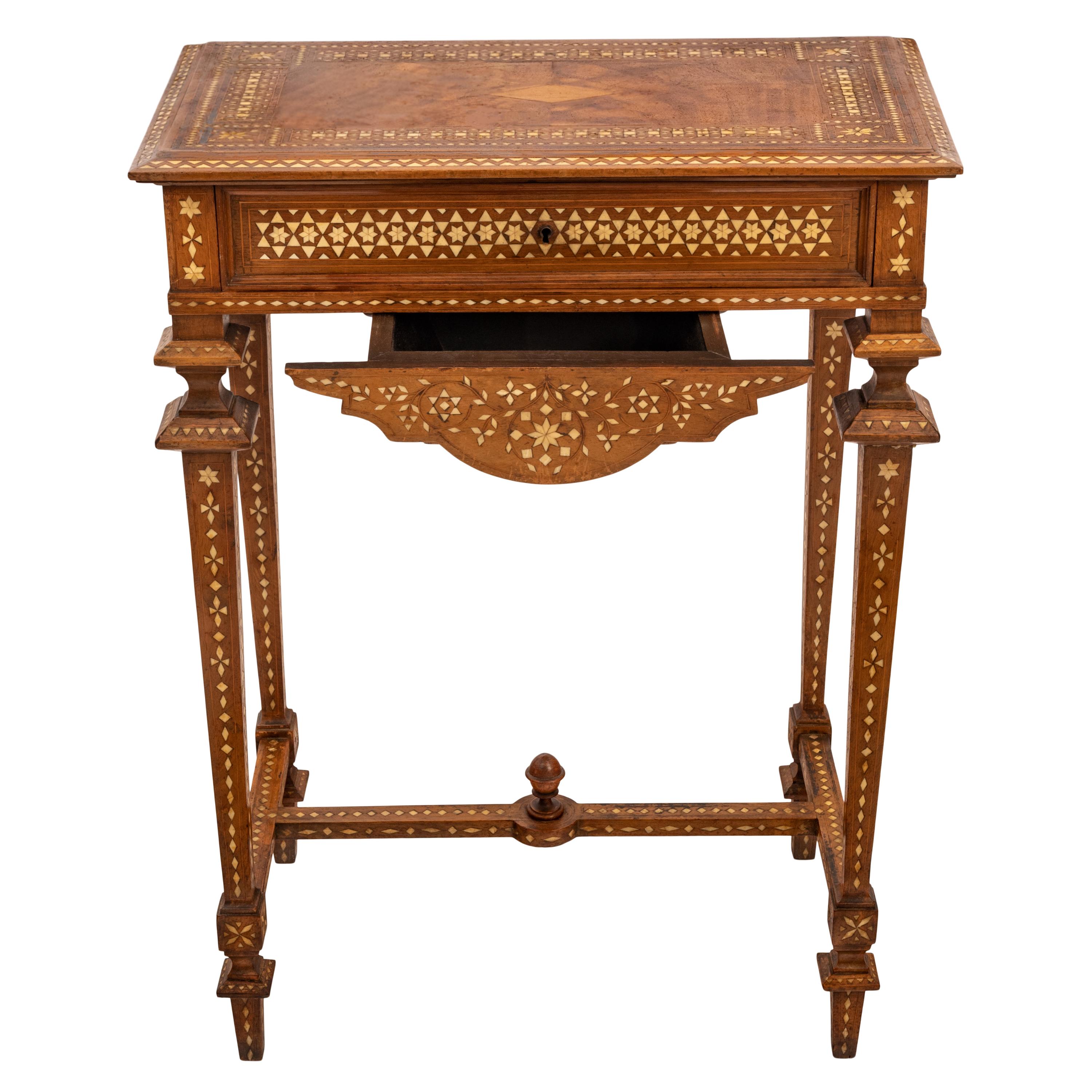 Late 19th Century Antique Anglo Indian Teak Mahogany Inlaid Marquetry Work Side Sewing Table 1870