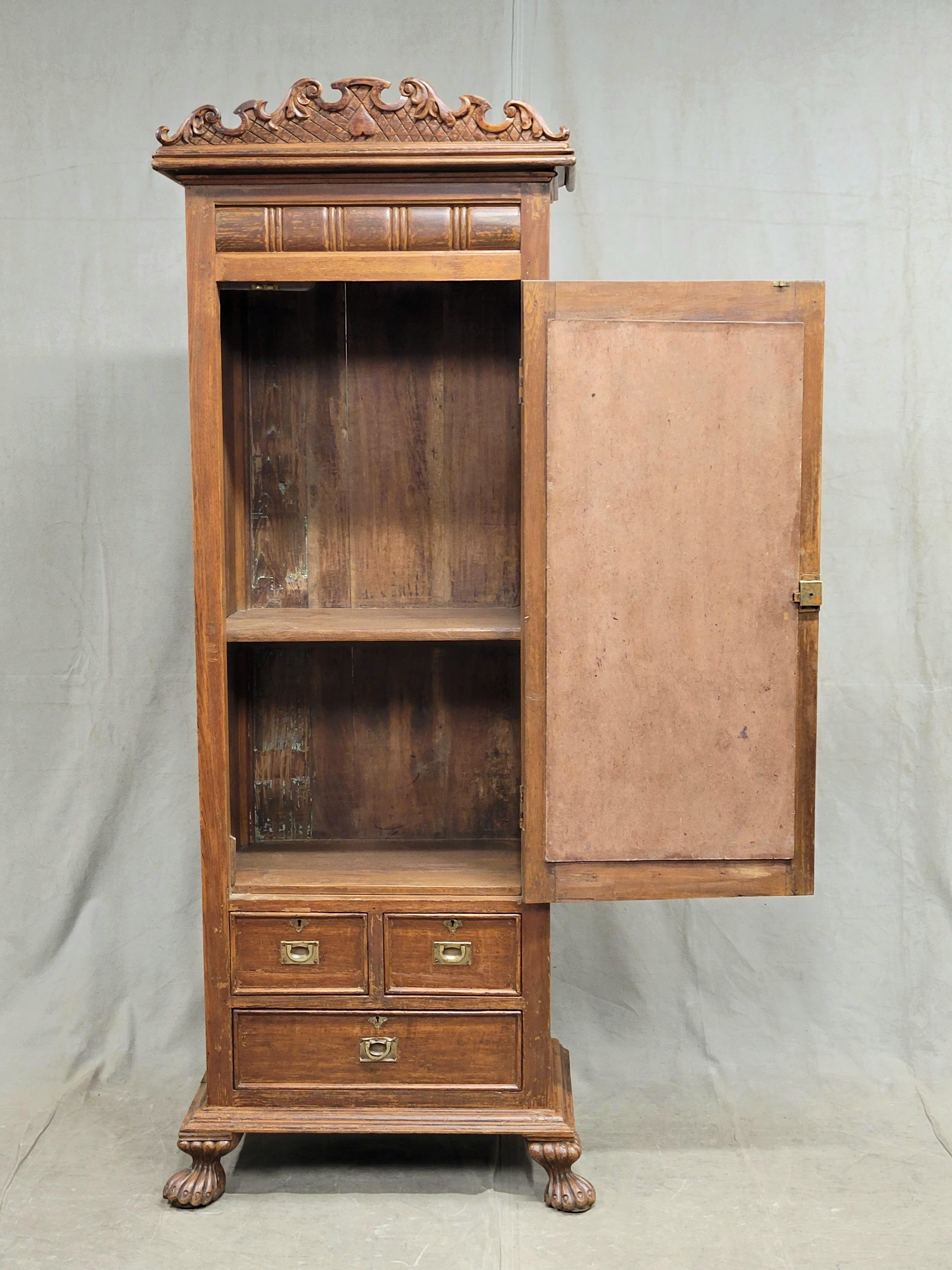 Anglo-Indian Antique Anglo Indian Teak Petite Armoire Cupboard With Mirror For Sale