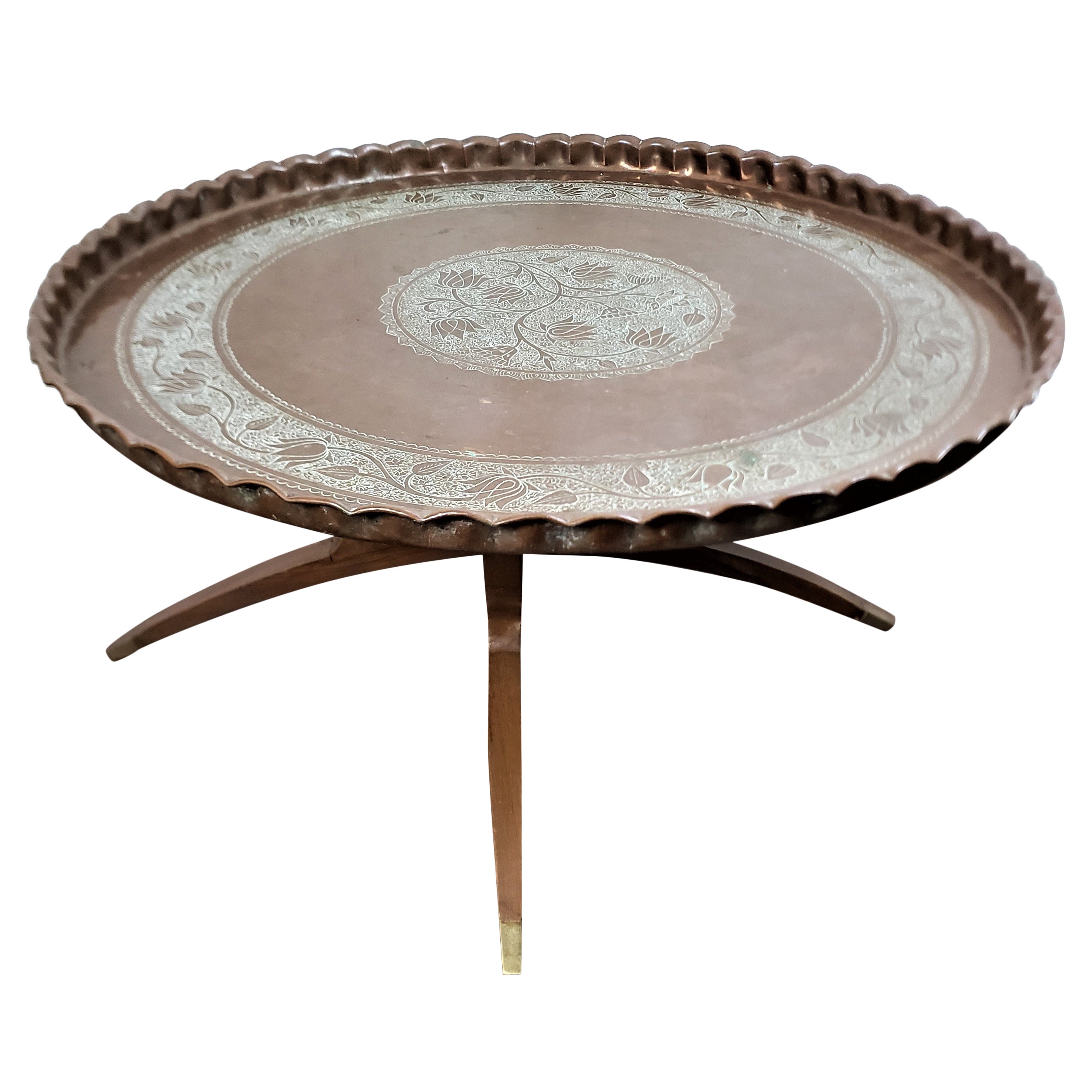 Antique Anglo-Indian Tray Table with Collapsable Spider Legs & Engraved Top