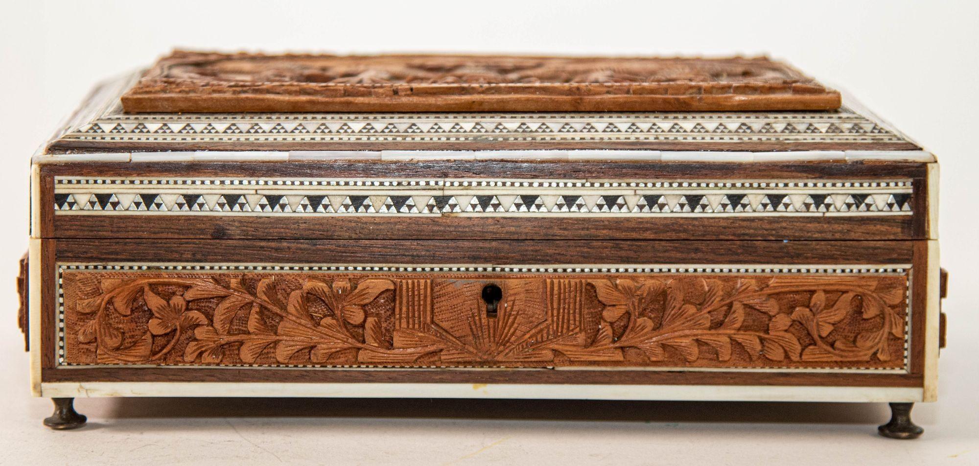 Antique Anglo-Indian Vizagapatam Jewelry Inlaid Sadeli Footed Box For Sale 3