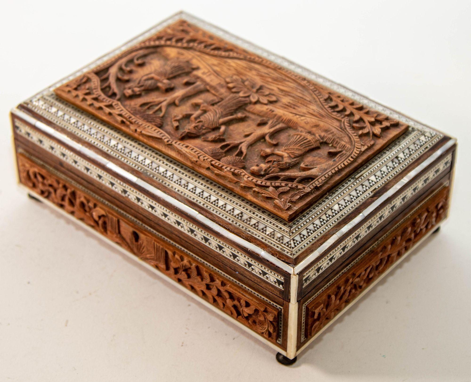 Antique Anglo-Indian Vizagapatam Jewelry Inlaid Sadeli Footed Box For Sale 4
