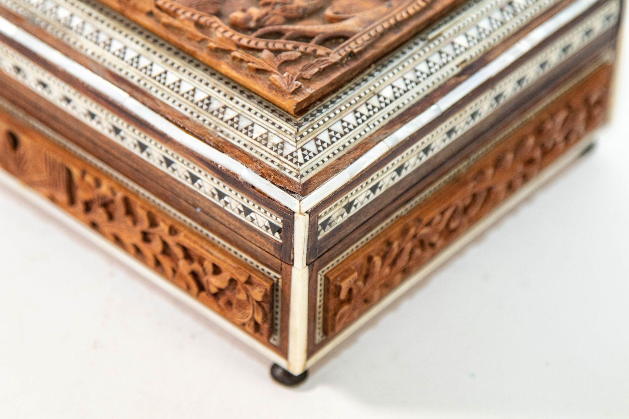Antique Anglo-Indian Vizagapatam Jewelry Inlaid Sadeli Footed Box For Sale 5
