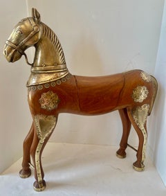 Antique Anglo Indian Wood Horse with Brass Head & Brass Accents